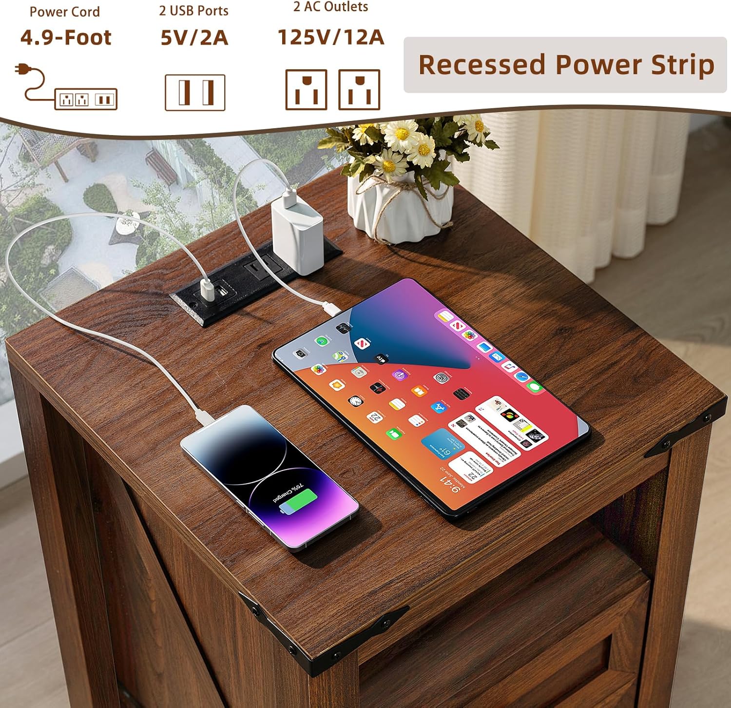 Nightstands Set of 2 with Charging Station, Farmhouse Side End Table with 2 Drawers and Open Shelf, Wood Rustic Sofa Table, Bedside Cabinet for Bedroom, Living Room, Closet, Office(Brown)