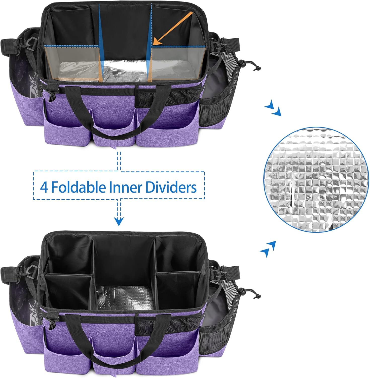 LoDrid Wearable Cleaning Caddy Bag with 4 Foldable Dividers, Cleaning Supply Tote for Cleaning Supplies, Cleaning Organizer with Shoulder Strap and Side Handles for Cleaners & Housekeepers, Purple