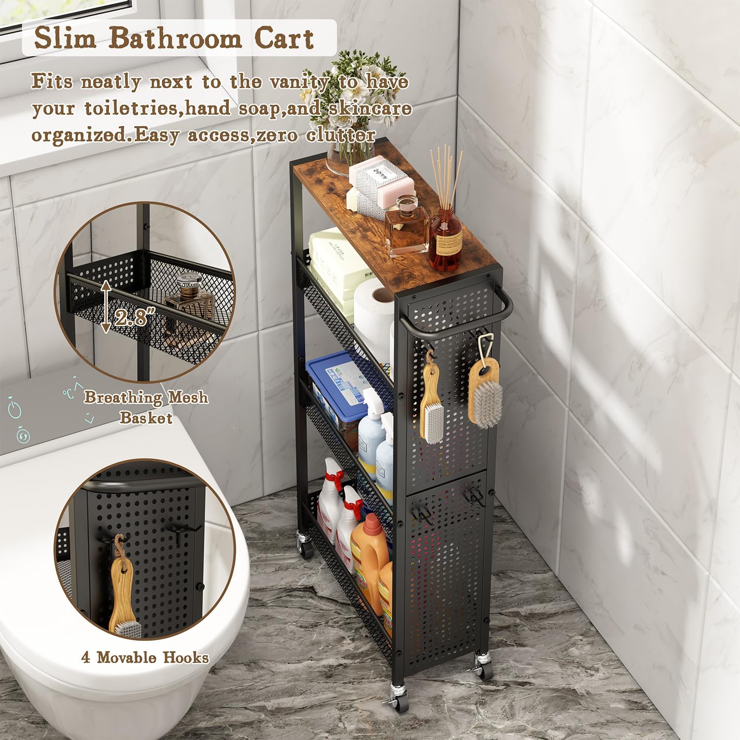 Utility Slim Storage Cart 4 Tier Small Rolling Kitchen Laundry Room Organization Cart with Wood Top Metal Narrow Laundry Room Shelves Cabinet Unit Laundry Organizer Trolley with Handle for Small space