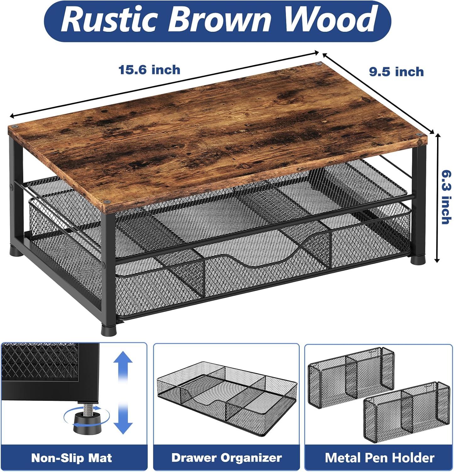 OPNICE Desk Organizers and Accessories, 2-Tier Computer Monitor Stand Riser with Drawer and 2 Pen Holders, Laptop Stand, Office Desk Accessories for Office Supplies, Brown