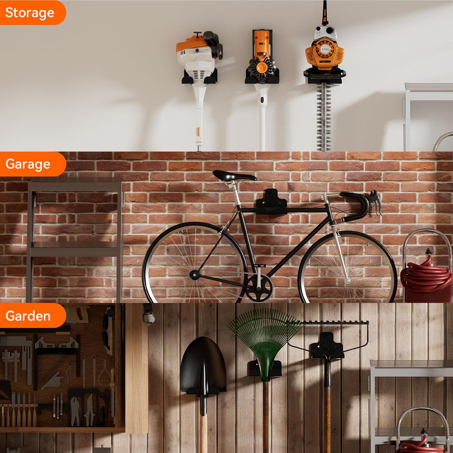 Garage Organization Storage Trimmer Rack, Garden Power Tool Hanger for Grass Trimmer, Hedge Trimmer, Garden Tools, Heavy Duty Weed Whackers Holder Wall Mounted Tool Organizer, 1 Pack