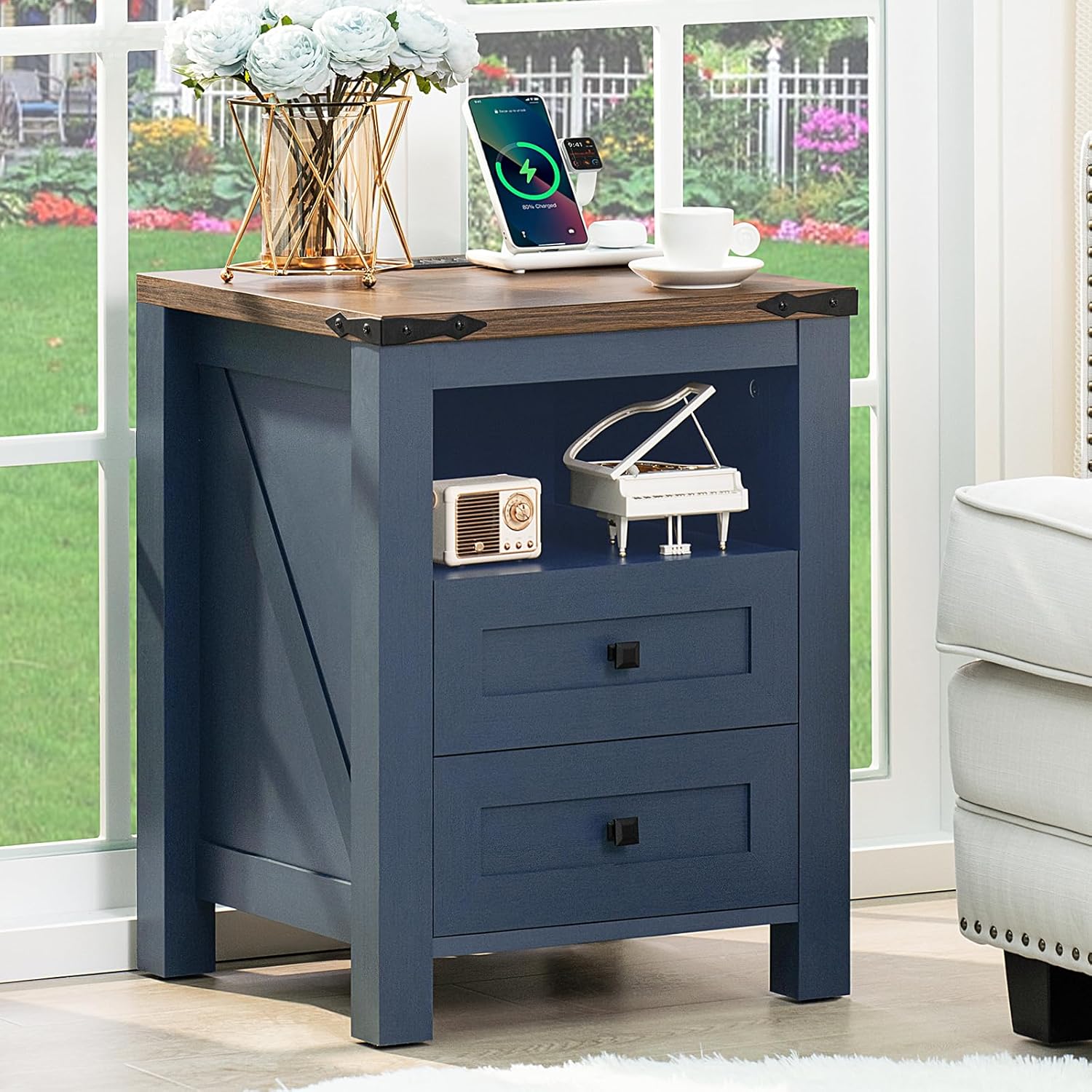 Nightstand with Charging Station, Farmhouse Night Stand with 2 Drawers and Shelf Storage, Blue Wooden Side End Table, Bedside Cabinet for Bedroom, Living Room, Closet,Office