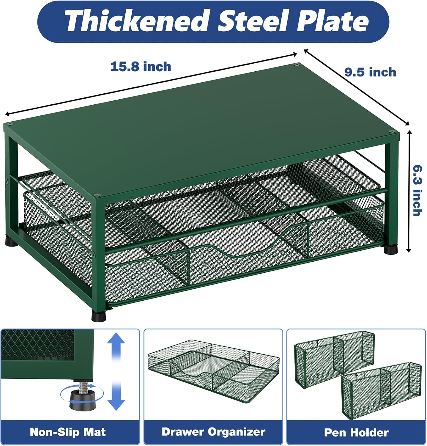 OPNICE Desk Organizers and Accessories, 2-Tier Computer Monitor Stand Riser with Drawer and 2 Pen Holders, Laptop Stand, Office Desk Accessories for Office Supplies, Dark Green