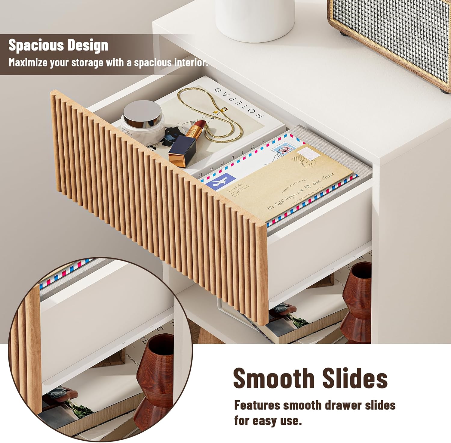 Fluted Nightstand, Modern Bedside Table with Storage Drawers and Open Wood Shelf, Night Stand with Solid Wood Legs, End Tables Side Tables for Living Room, Bedroom