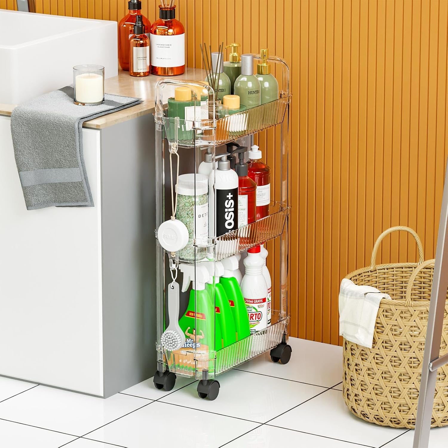 Yieach 3 Tier Rolling Cart with Wheels,Clear Narrow Bathroom Rack Organizer,Slim Storage Cart,Three Tier Thin Shelf and Narrow Rolling Utility Cart for Small Space Shelf,Dorm Room,Kitchen,Laundry