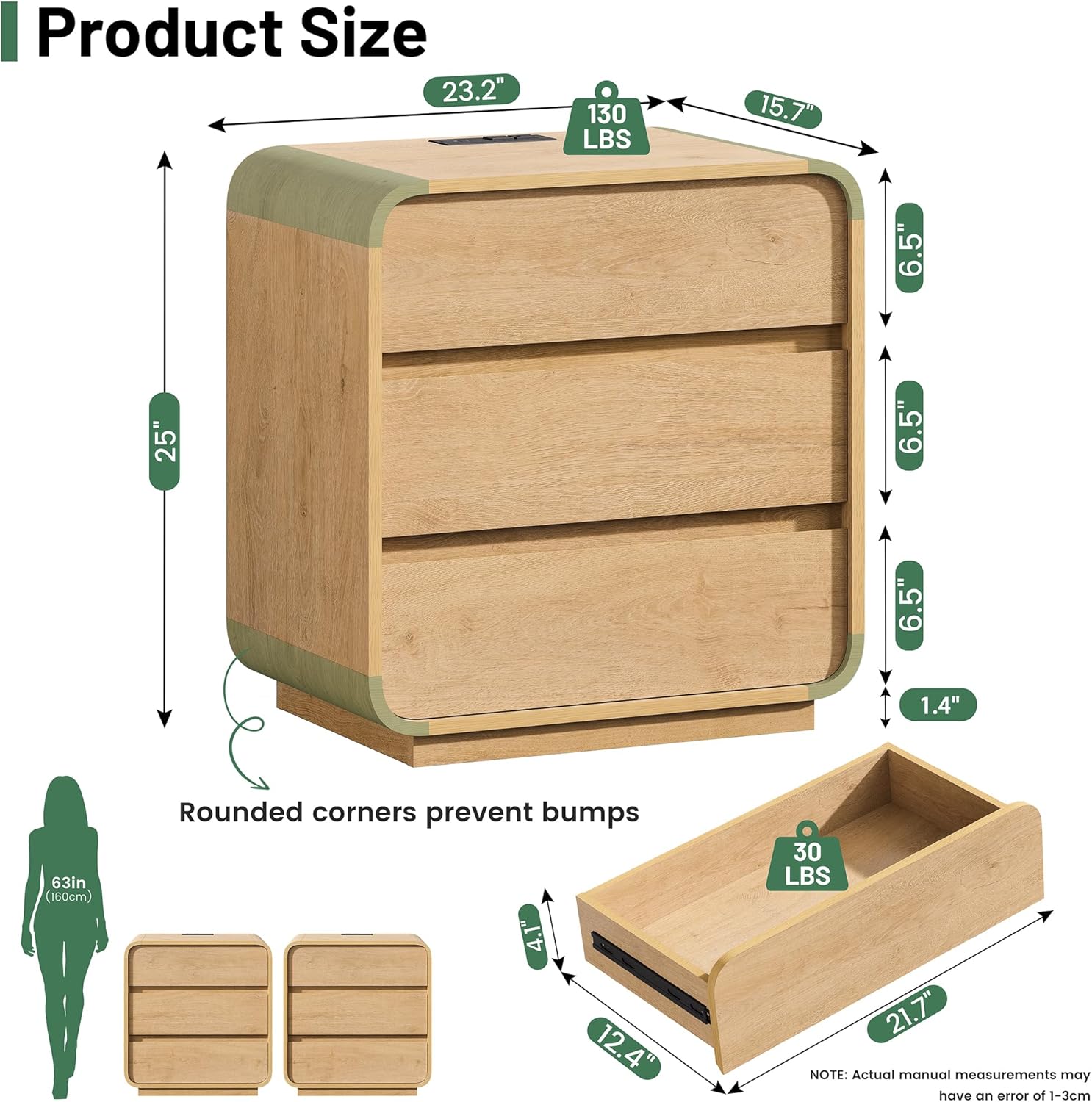 Modern Nightstand Set of 2, 23.2" Large Wood Night Stand with Charging Station & Curved Profile, 3 Storage Drawers Dresser Bedside Table, Mid-Century End Table for Bedroom Sofa, Natural