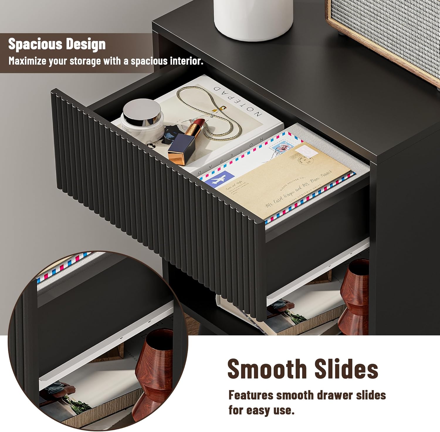 Nightstand, Modern Bedside Table with Storage Drawers and Open Wood Shelf, Night Stand with Solid Wood Legs, End Tables Side Tables for Living Room, Bedroom Black