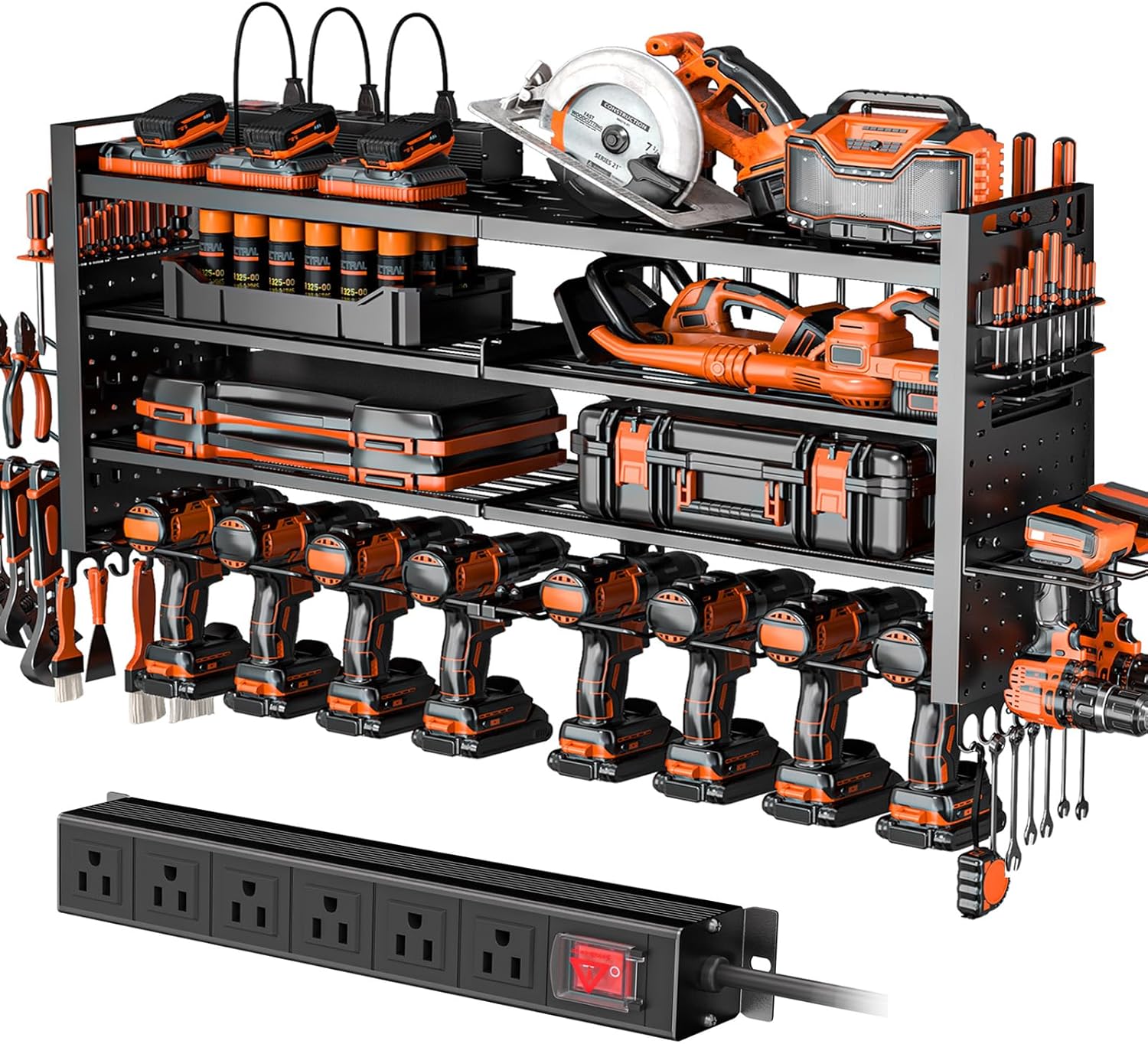 Heavy Duty Power Tool Organizer Wall Mount with Charging Station, Large Garage Organization with 10 cordless Drill Holder, 4 Layers Tool Organizers and Storage, Tool Rack with 6 Power Strip, Black