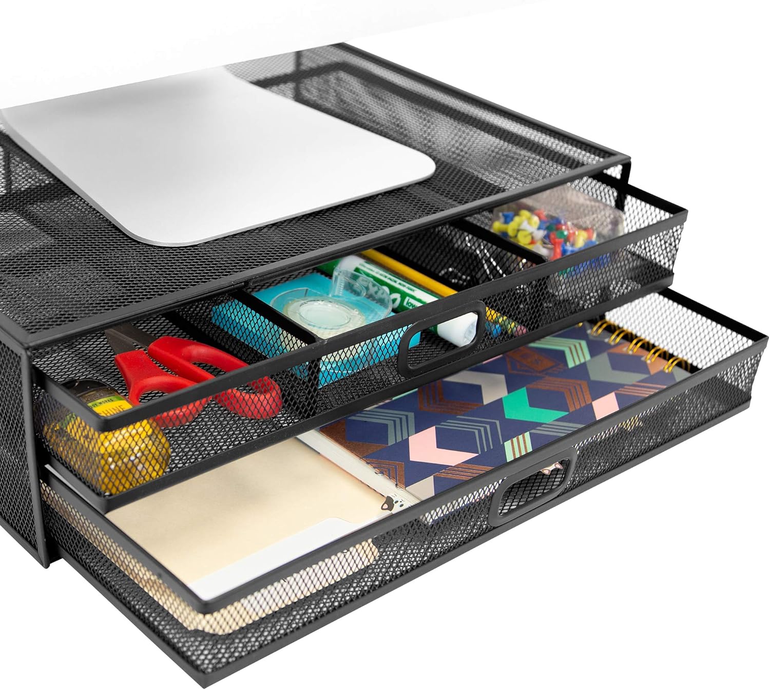 MOUNT-IT! Computer Monitor Stand With Drawers, Metal Mesh Riser and Organizer for Laptops and Computer Screens, Laptop, and Printer Accessories and Office Supplies (Black)