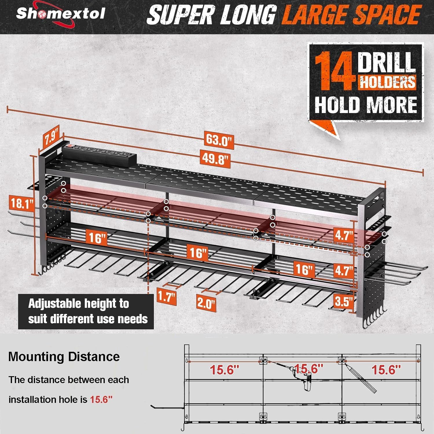 49.8" W Power Tool Organizer Wall Mount with Charging Station, Large Garage Organization with 12 cordless Drill Holder, 4 Layers Tool Organizers and Storage, Tool Rack with 6 Power Strip, Black