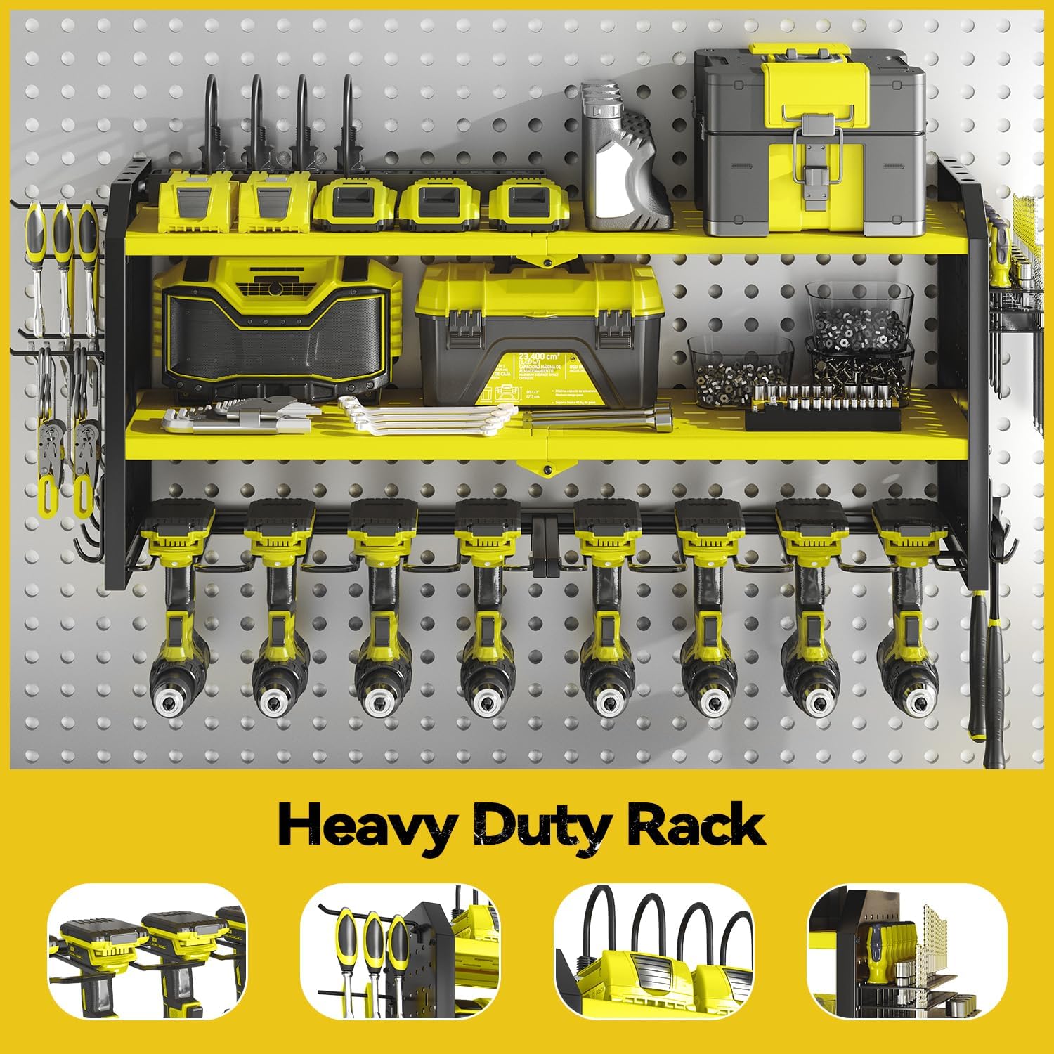 SOYEEZE Large Power Tool Organizer Wall Mount with Charging Station, 3 Layer Heavy Duty Metal Tool Storage Rack with 8 Drill Holder, Tool Holder Built in 8 Outlet Power Strip (Green)