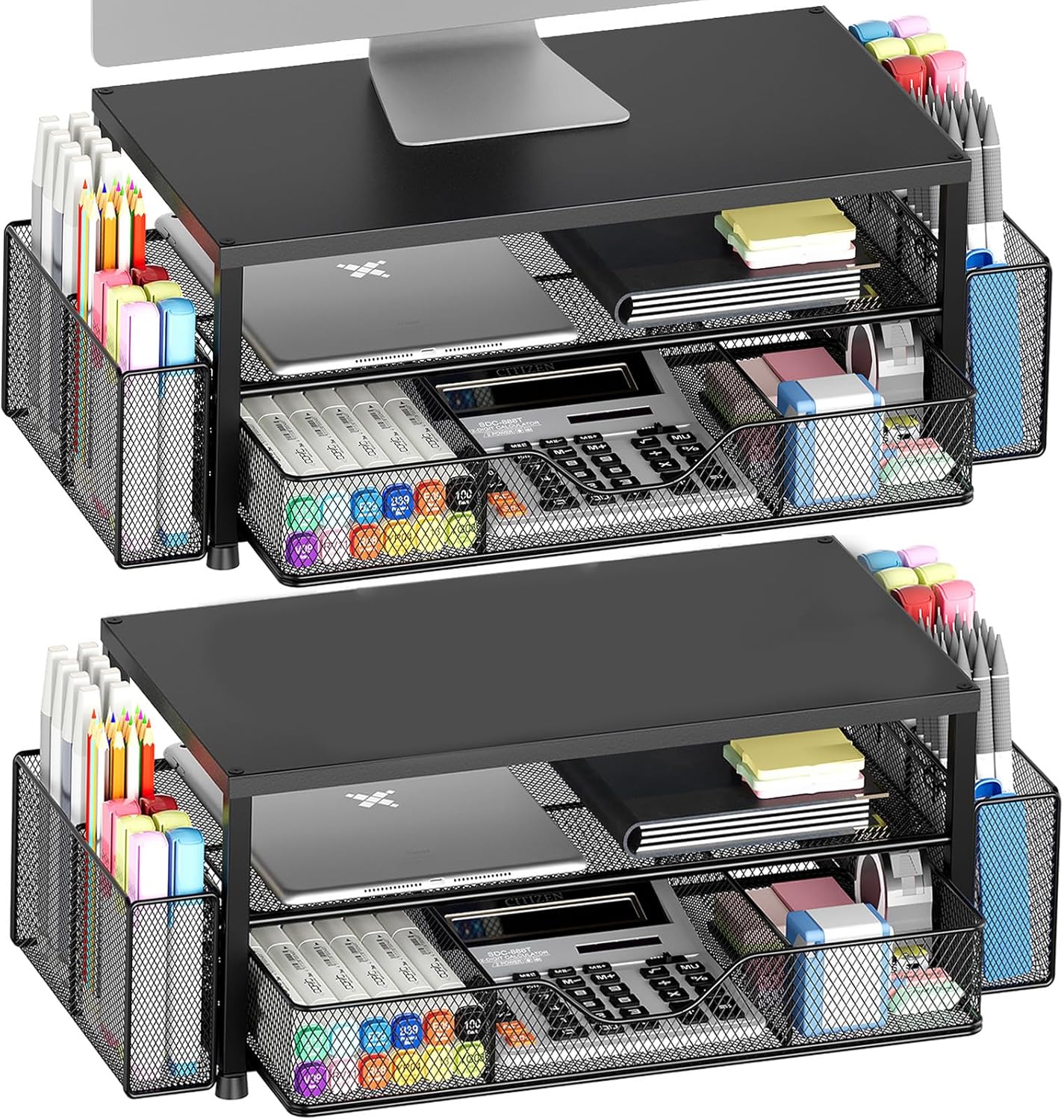 OPNICE Desk Organizer and Accessories, 2-Tier Computer Monitor Stand Riser with Drawer and 2 Pen Holders, Laptop Stand, Office Desk Accessories for Office Supplies, Black 2-Pack