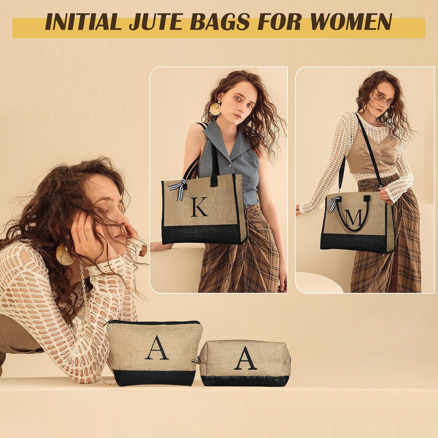 YOOLIFE Christmas Gifts for Women - Initial Jute Tote Bag & 2 Makeup Bags Personalized Gifts for Women Teacher Mom Friend