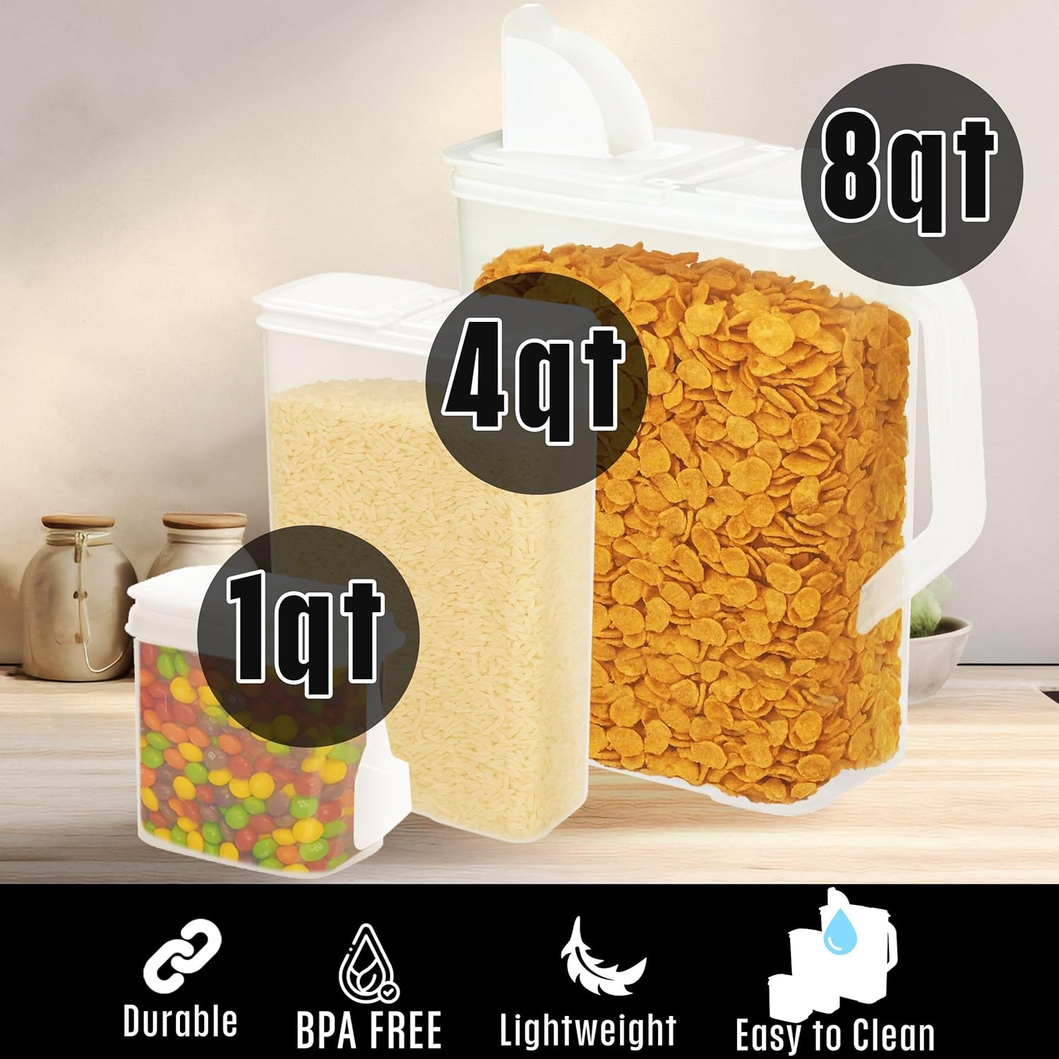 Buddeez Cereal Buddy Food Storage Dispenser - Multi-Size, BPA Free Plastic Containers with EZ Grip Handle, Scoop, and EZ Pour Spout, 8 QT, Set of 3.
