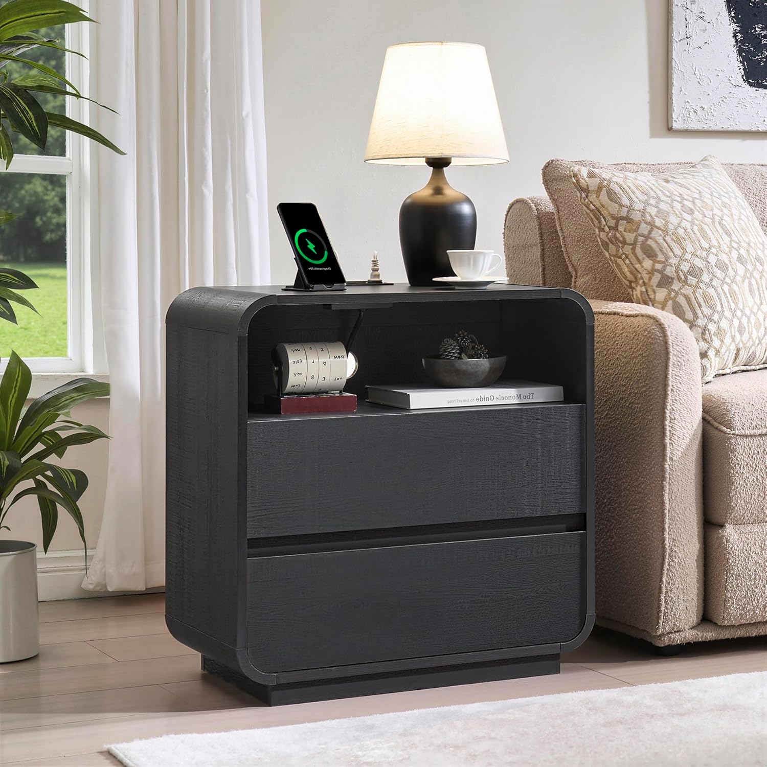 Black Nightstand with Charging Station, 25" Tall Wood Bedside Table, Modern End Table with 2 Storage Drawers, Curved Profile, Mid Century Night Stand for Bedroom, Dorm, Sofa, Office