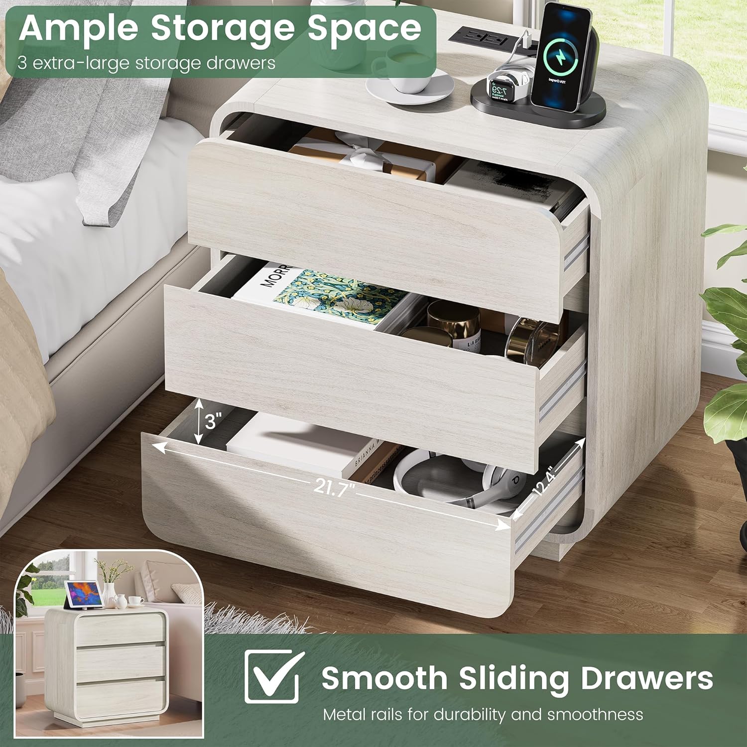White Nightstand with Charging Station, 25" Tall Wood Bedside Table, Modern Dresser End Table with 3 Storage Drawers, Curved Profile, Mid Century Night Stand for Bedroom Dorm Sofa Office