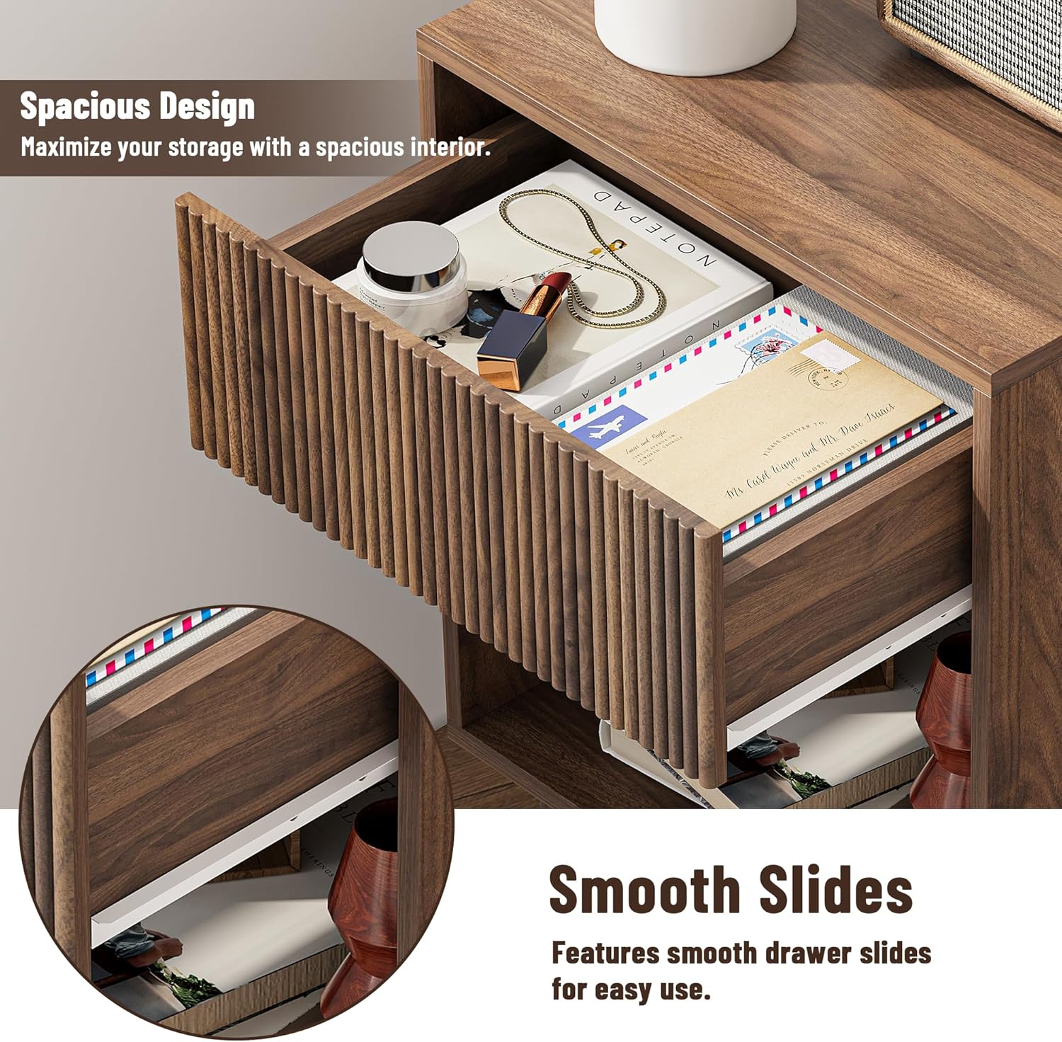 Nightstand, Modern Bedside Table with Storage Drawers and Open Wood Shelf, Night Stand with Solid Wood Legs, End Tables Side Tables for Living Room, Bedroom Walnut