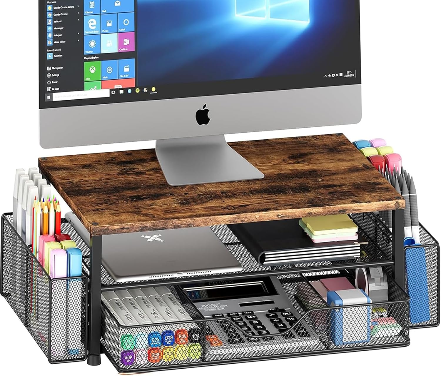 OPNICE Desk Organizers and Accessories, 2-Tier Computer Monitor Stand Riser with Drawer and 2 Pen Holders, Laptop Stand, Office Desk Accessories for Office Supplies, Brown