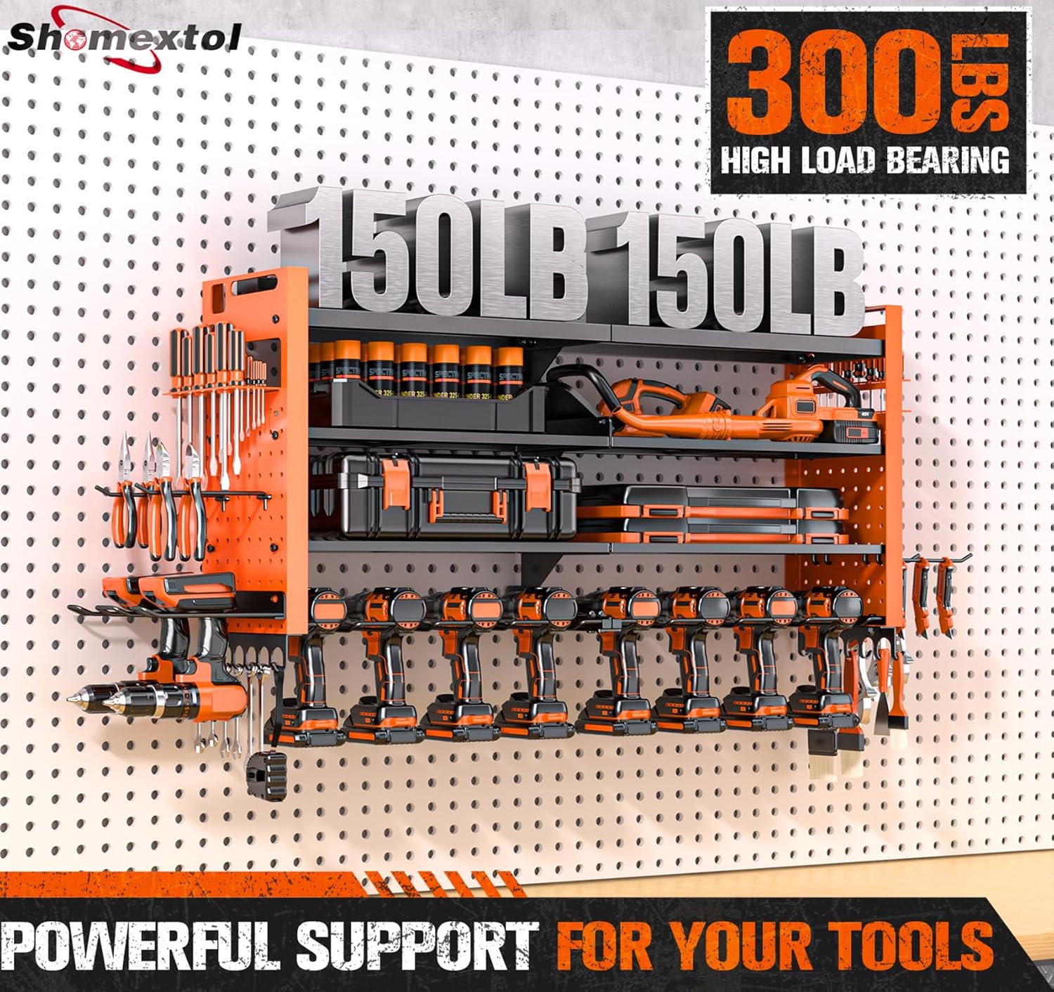Heavy Duty Power Tool Organizer Wall Mount with Charging Station, Large Garage Organization with 10 cordless Drill Holder, 4 Layers Tool Organizers and Storage, Tool Rack with 6 Power Strip,Orange
