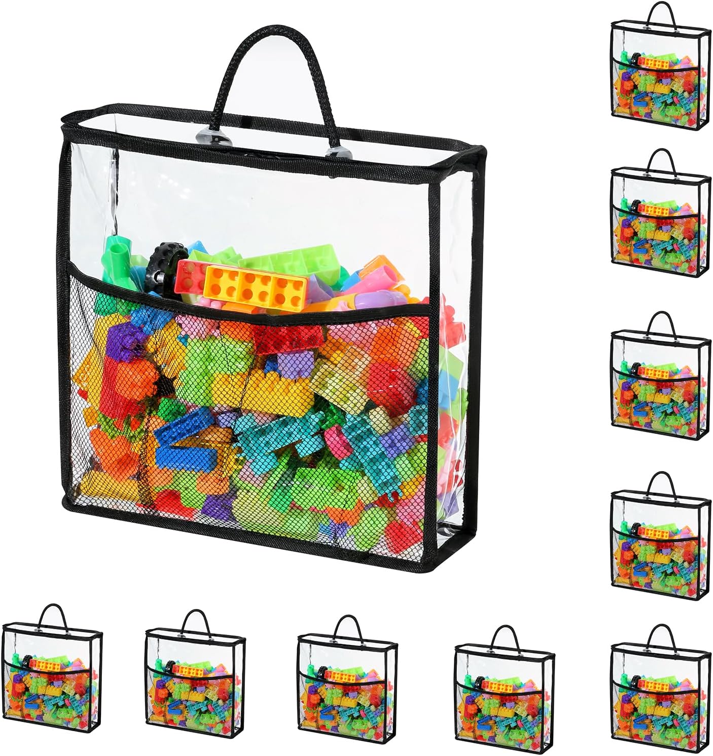 10 PCS Clear Zippered Toy Storage Bags with handle, Kids Toy Storage Organizer with Mesh Pocket for Instructions, Playroom Toy Organizer Plastic Storage Bags for Blocks Set Puzzles,Small Toys