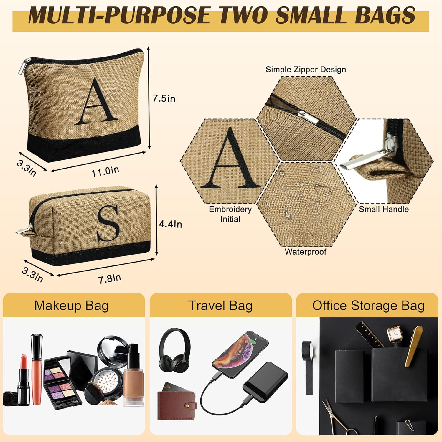 YOOLIFE Christmas Gifts for Women - Initial Jute Tote Bag & 2 Makeup Bags Personalized Gifts for Women Teacher Mom Friend