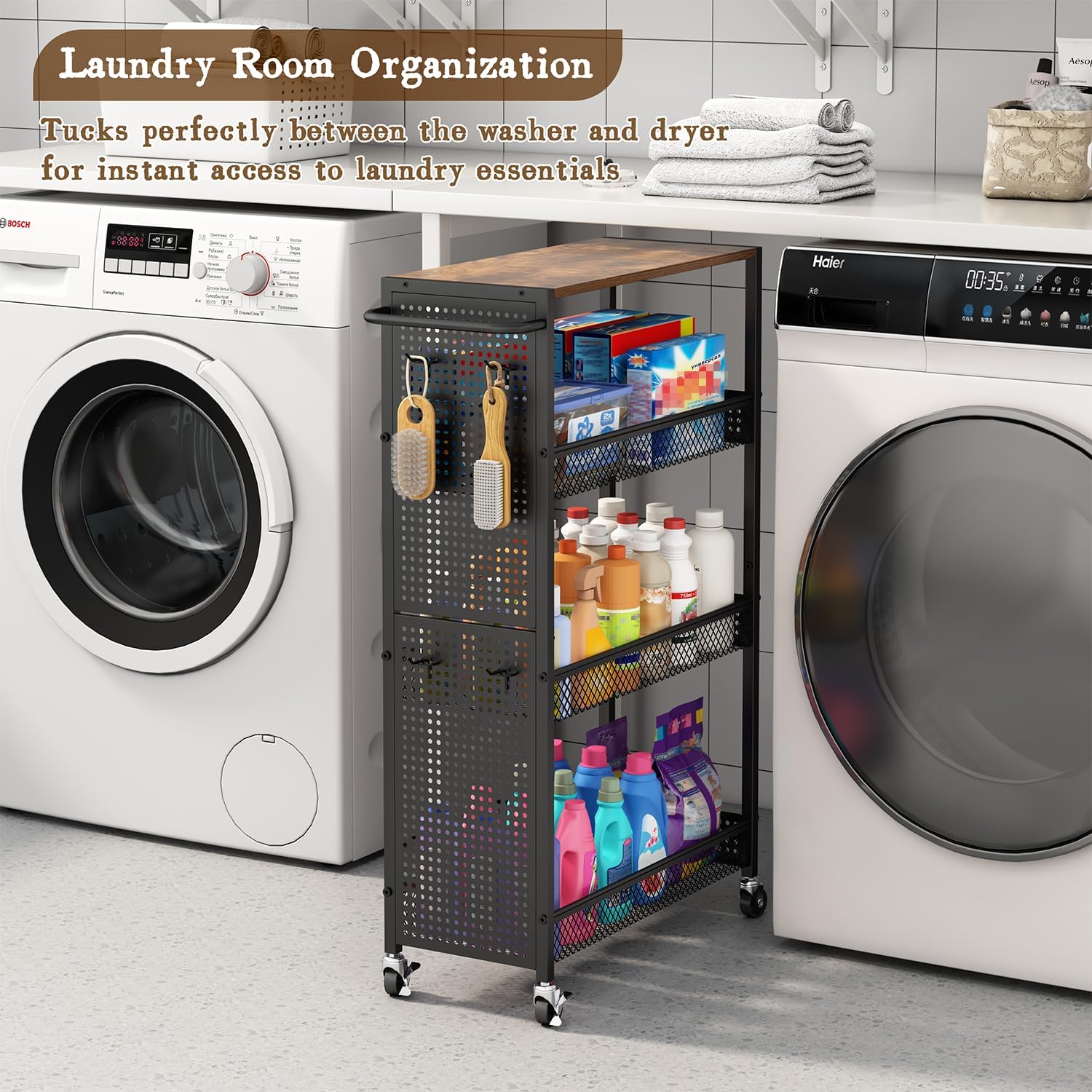 Utility Slim Storage Cart 4 Tier Small Rolling Kitchen Laundry Room Organization Cart with Wood Top Metal Narrow Laundry Room Shelves Cabinet Unit Laundry Organizer Trolley with Handle for Small space