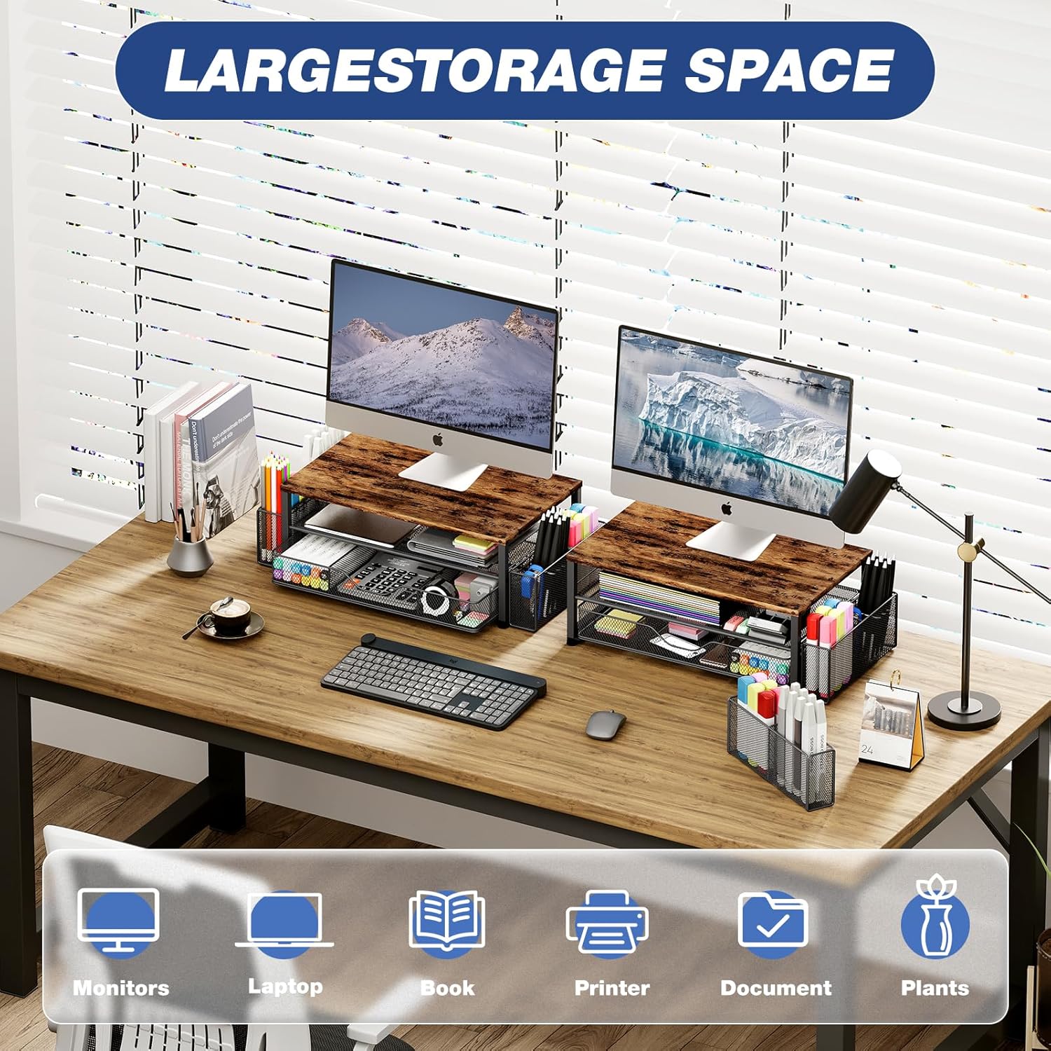 OPNICE Desk Organizers and Accessories, 2-Tier Computer Monitor Stand Riser with Drawer and 2 Pen Holders, Laptop Stand, Office Desk Accessories for Office Supplies, Brown