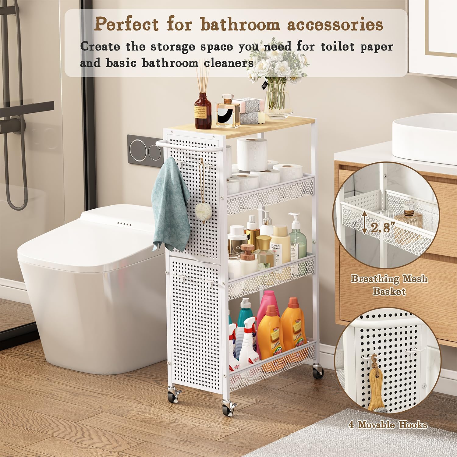 Utility Slim Storage Cart 4 Tier Small Rolling Kitchen Laundry Room Organization Cart with Wood Top Metal Narrow Laundry Room Shelves Cabinet Unit Laundry Organizer Trolley with Handle for Small space