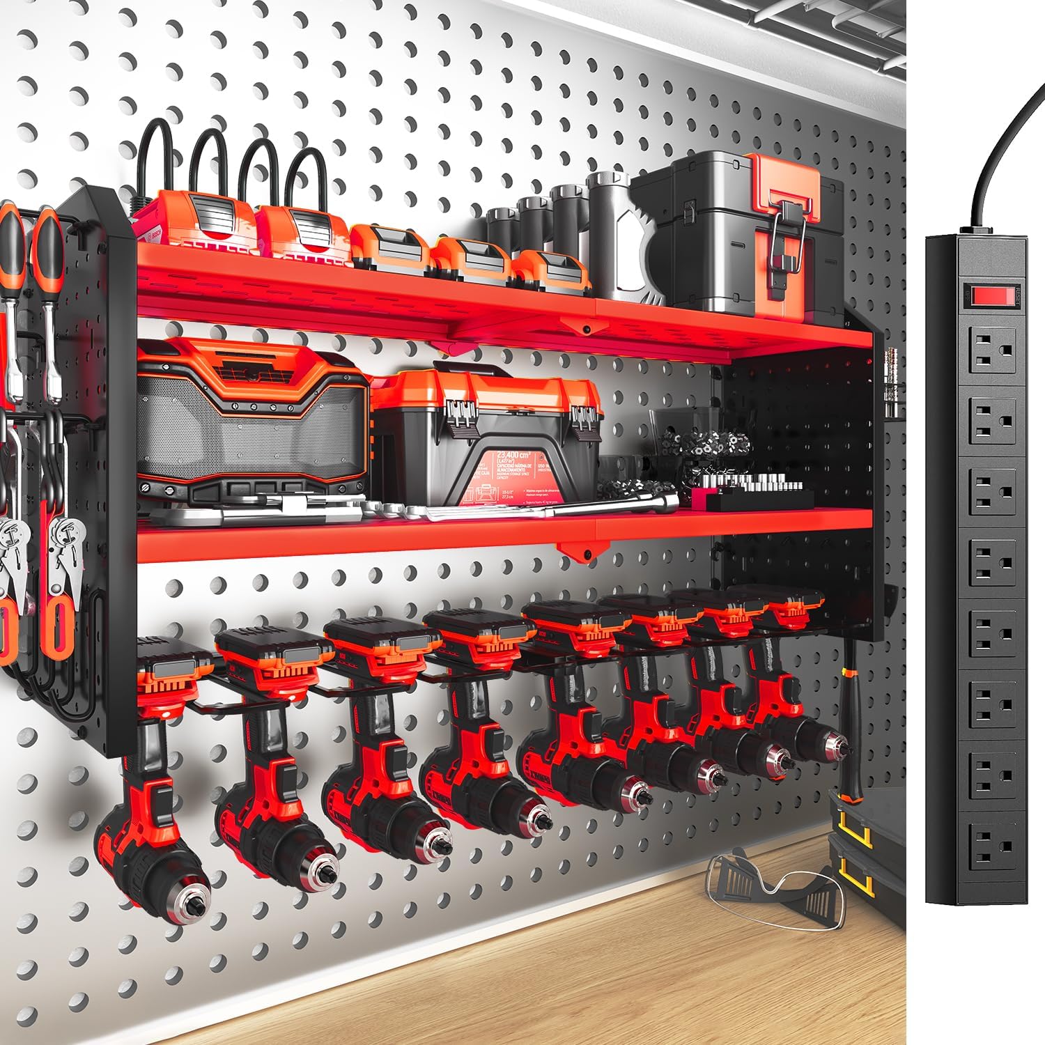 SOYEEZE Large Power Tool Organizer Wall Mount with Charging Station, 3 Layer Heavy Duty Metal Tool Storage Rack with 8 Drill Holder, Tool Holder Built in 8 Outlet Power Strip-Red
