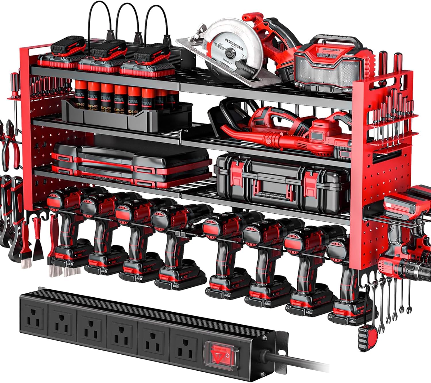 Heavy Duty Power Tool Organizer Wall Mount with Charging Station, Large Garage Organization with 10 cordless Drill Holder, 4 Layers Tool Organizers and Storage, Tool Rack with 6 Power Strip, Red
