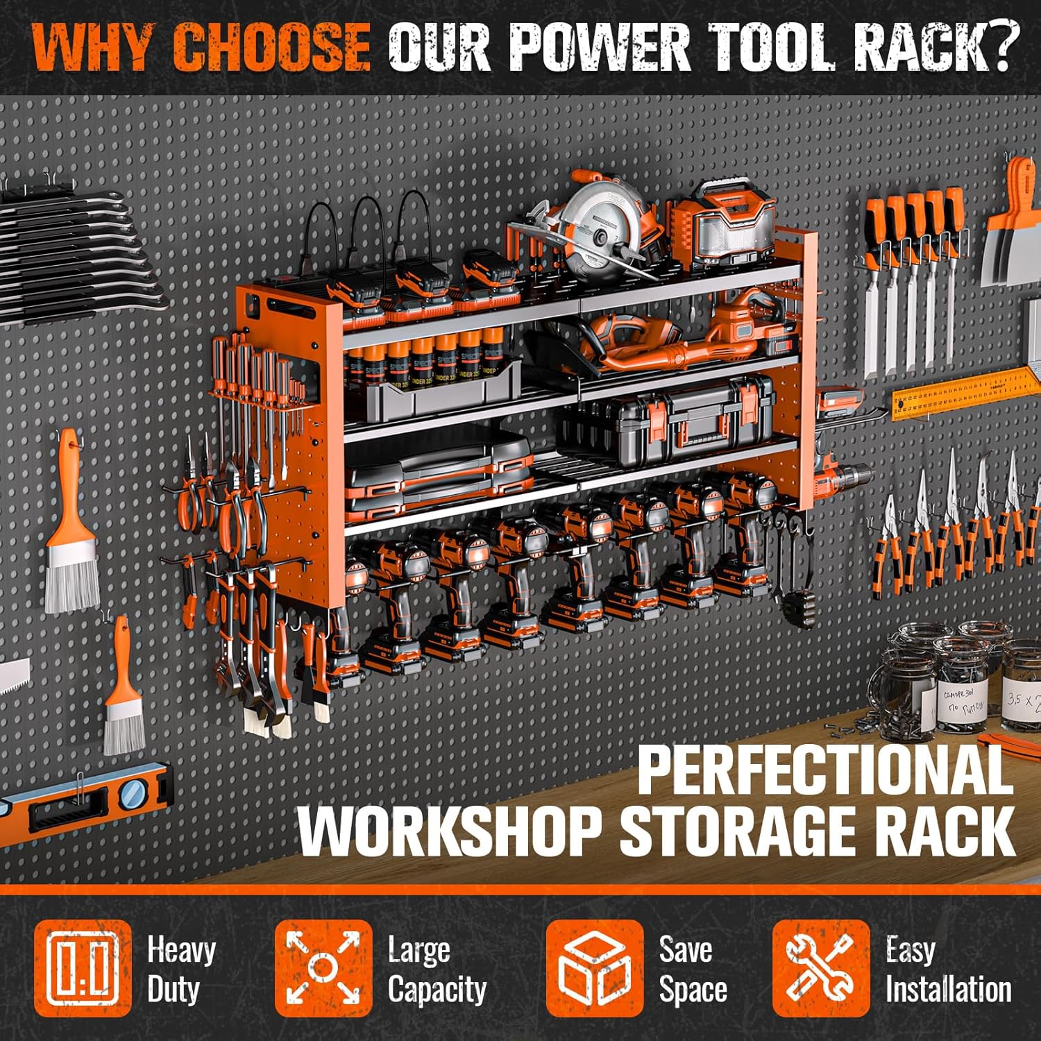 Heavy Duty Power Tool Organizer Wall Mount with Charging Station, Large Garage Organization with 10 cordless Drill Holder, 4 Layers Tool Organizers and Storage, Tool Rack with 6 Power Strip,Orange