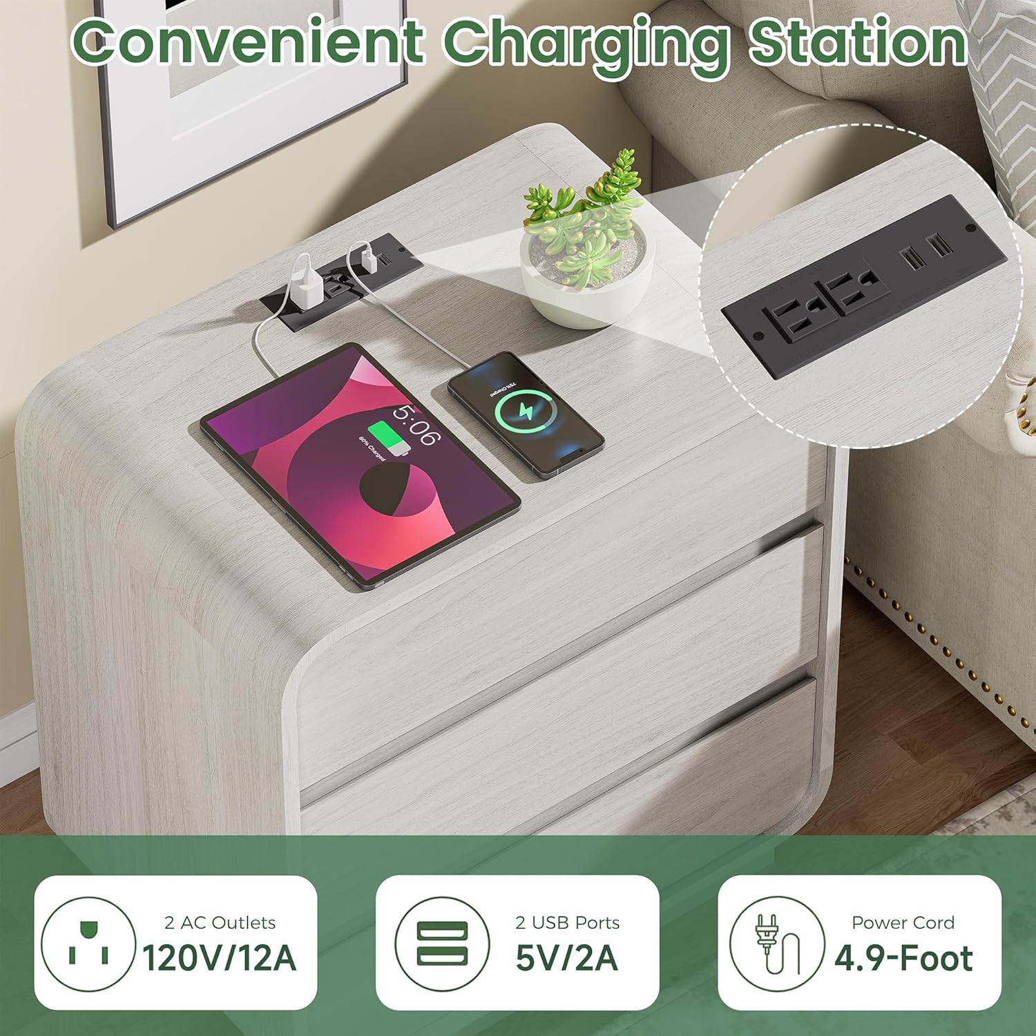 White Nightstand Set of 2 with Charging Station, 23.2" Wide Wood Night Stand, Modern Bedside Table with 3 Storage Drawers, Curved Profile, Mid Century End Table for Bedroom Office