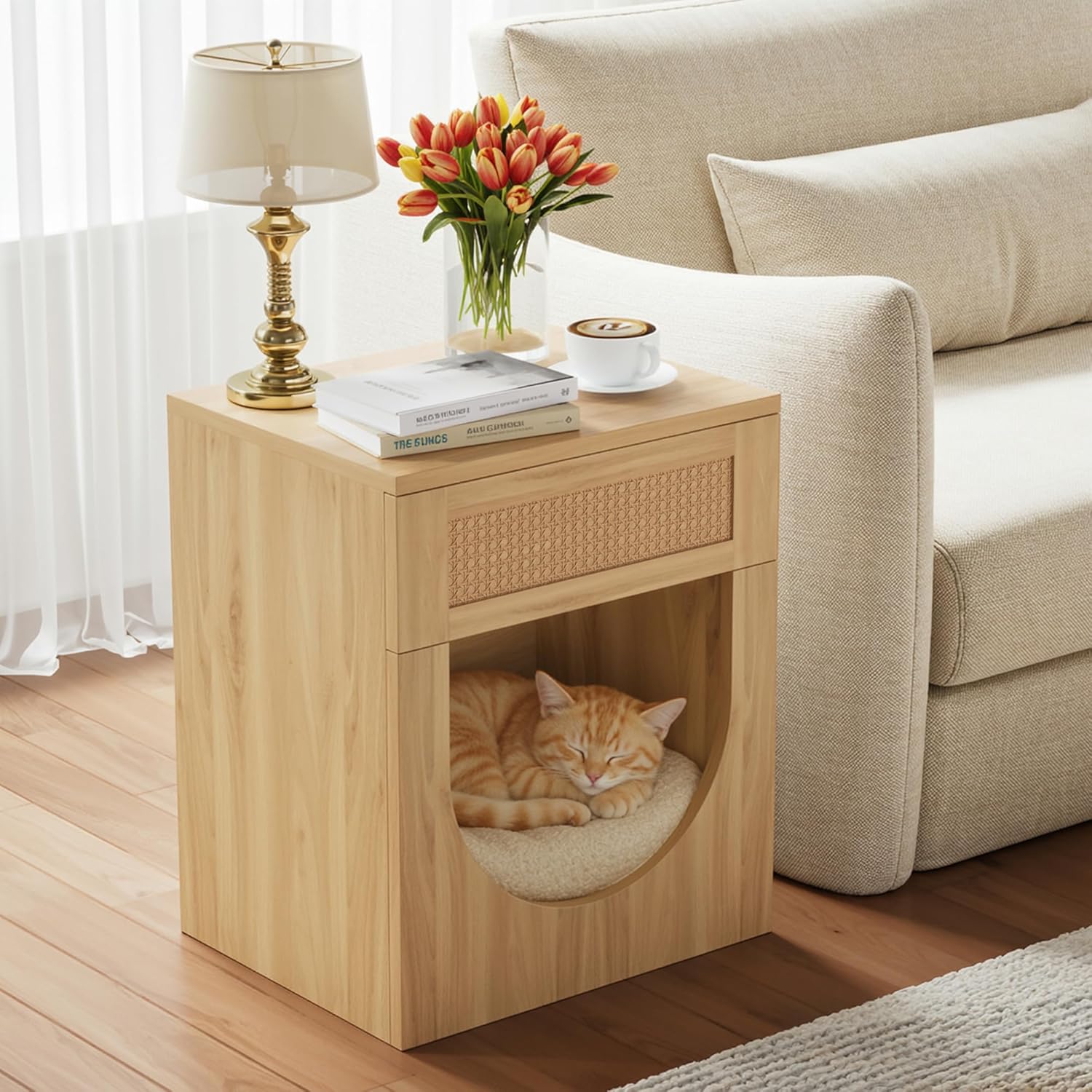 End Table with Drawer, 20 Inch Artificial Rattan Night Stand for Arched Storage or Cat Rest Area, Sturdy Thickened Wood Side Table Bedside Table for Living Room, Bedroom and Apartment
