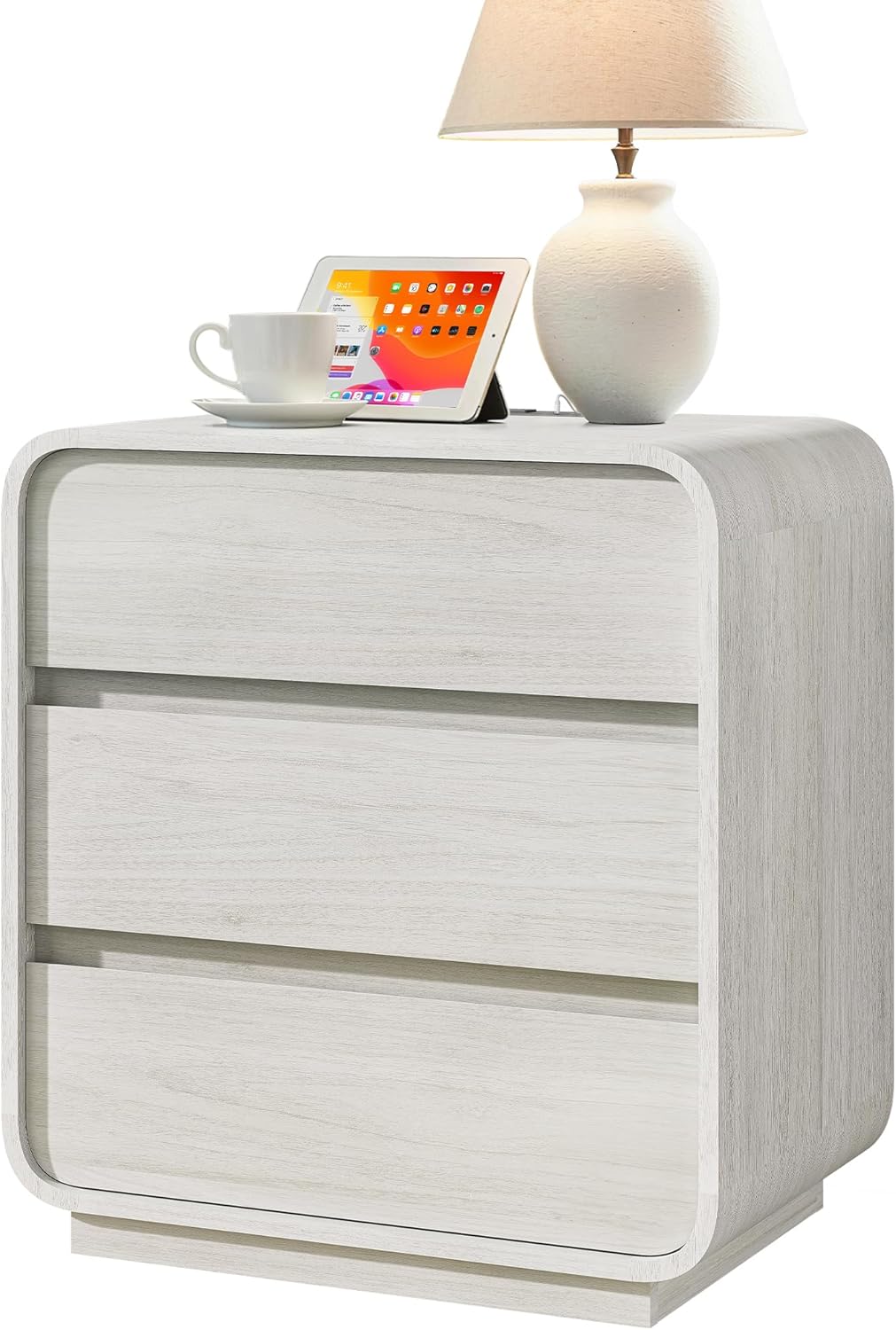 White Nightstand with Charging Station, 25" Tall Wood Bedside Table, Modern Dresser End Table with 3 Storage Drawers, Curved Profile, Mid Century Night Stand for Bedroom Dorm Sofa Office