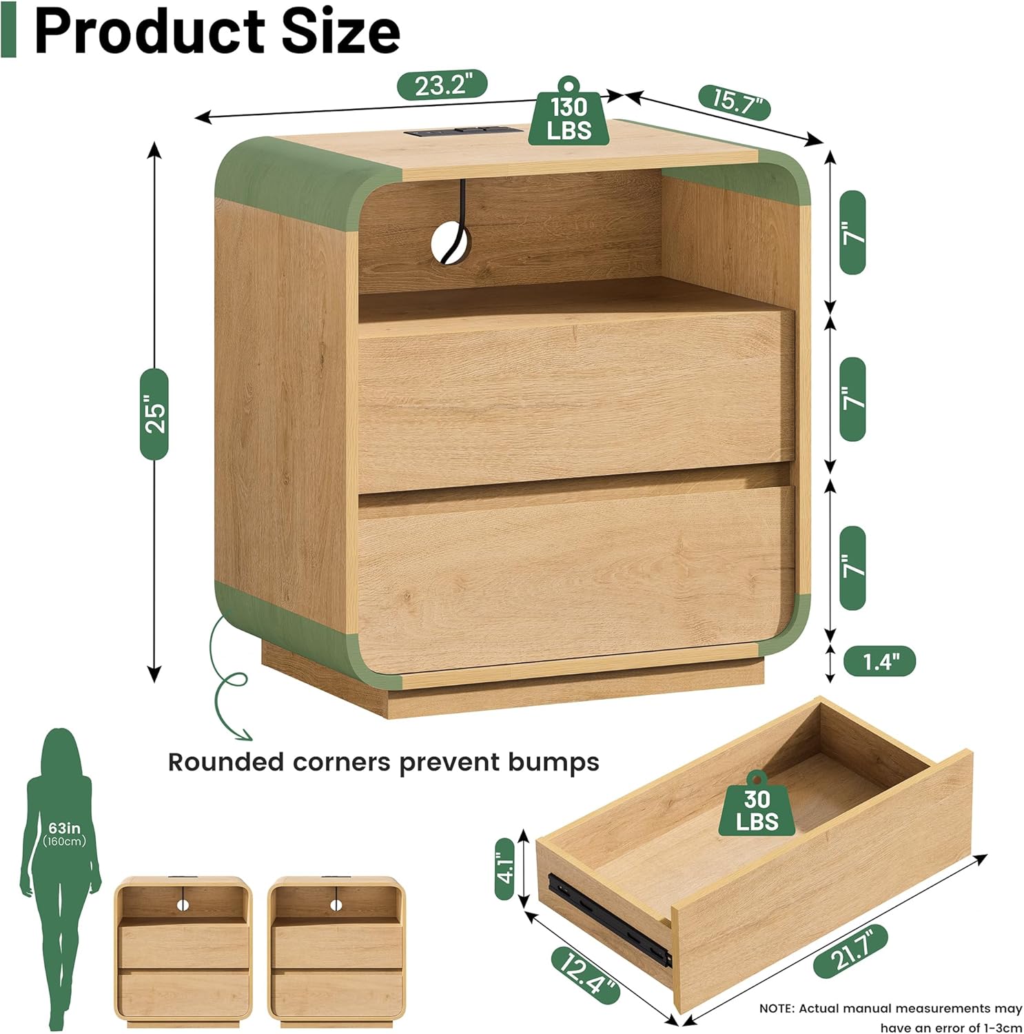 Modern Nightstand Set of 2, 23.2" Large Wood Bedside Table with Charging Station & Curved Profile, 2 Storage Drawers Side Table, Mid-Century End Table Night Stand for Bedroom Sofa Natural