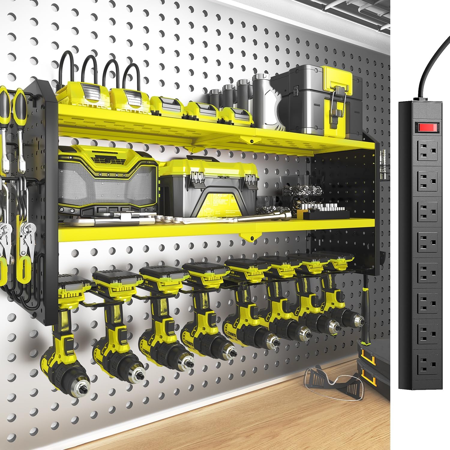 SOYEEZE Large Power Tool Organizer Wall Mount with Charging Station, 3 Layer Heavy Duty Metal Tool Storage Rack with 8 Drill Holder, Tool Holder Built in 8 Outlet Power Strip (Green)