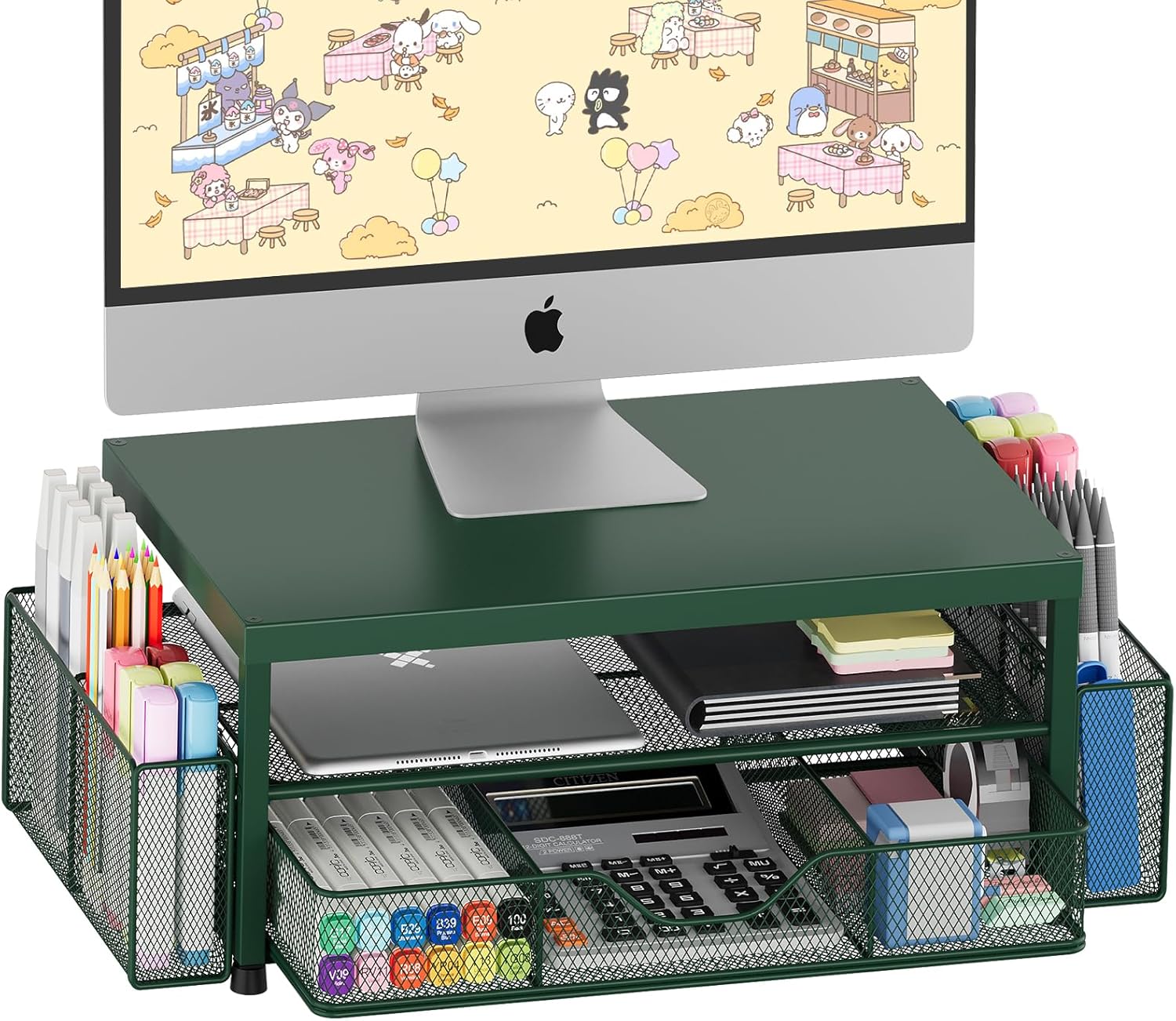 OPNICE Desk Organizers and Accessories, 2-Tier Computer Monitor Stand Riser with Drawer and 2 Pen Holders, Laptop Stand, Office Desk Accessories for Office Supplies, Dark Green