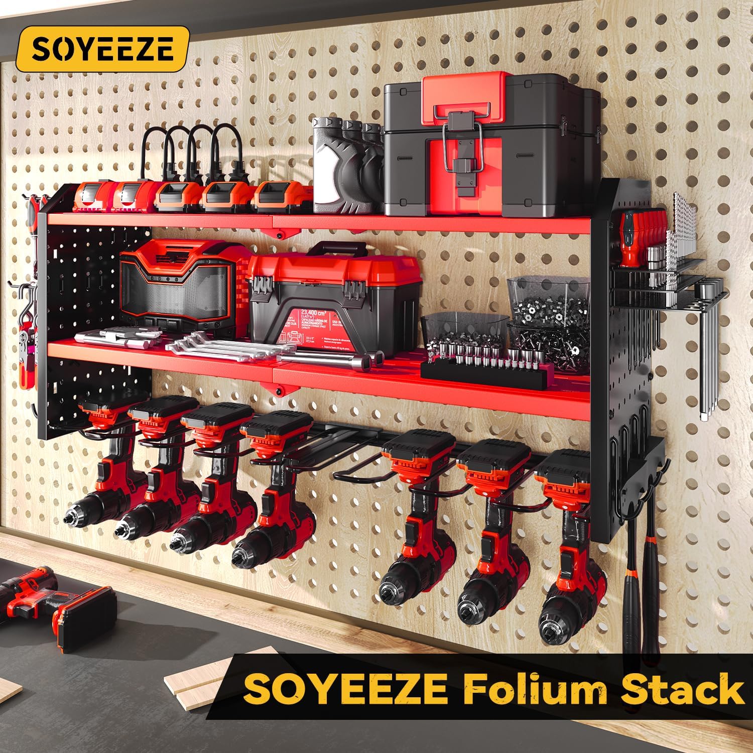 SOYEEZE Large Power Tool Organizer Wall Mount with Charging Station, 3 Layer Heavy Duty Metal Tool Storage Rack with 8 Drill Holder, Tool Holder Built in 8 Outlet Power Strip-Red
