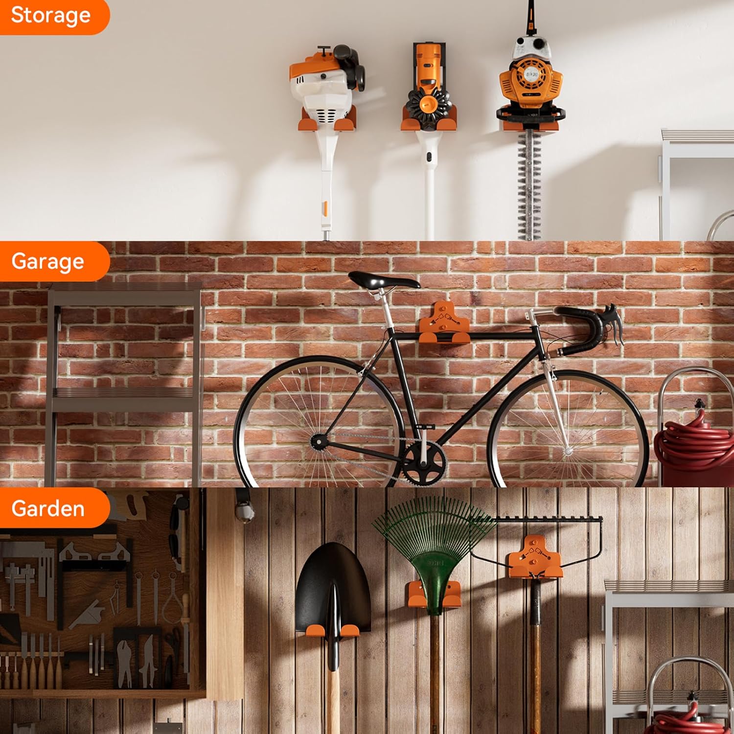 Garage Storage Trimmer Rack, Weed Whackers Holder Organizer Garden Power Tool Hanger Wall Mounted for Garage Trimmer, Hedge Trimmer, Grass Trimmer, Garden Tools,4 Packs(Orange)