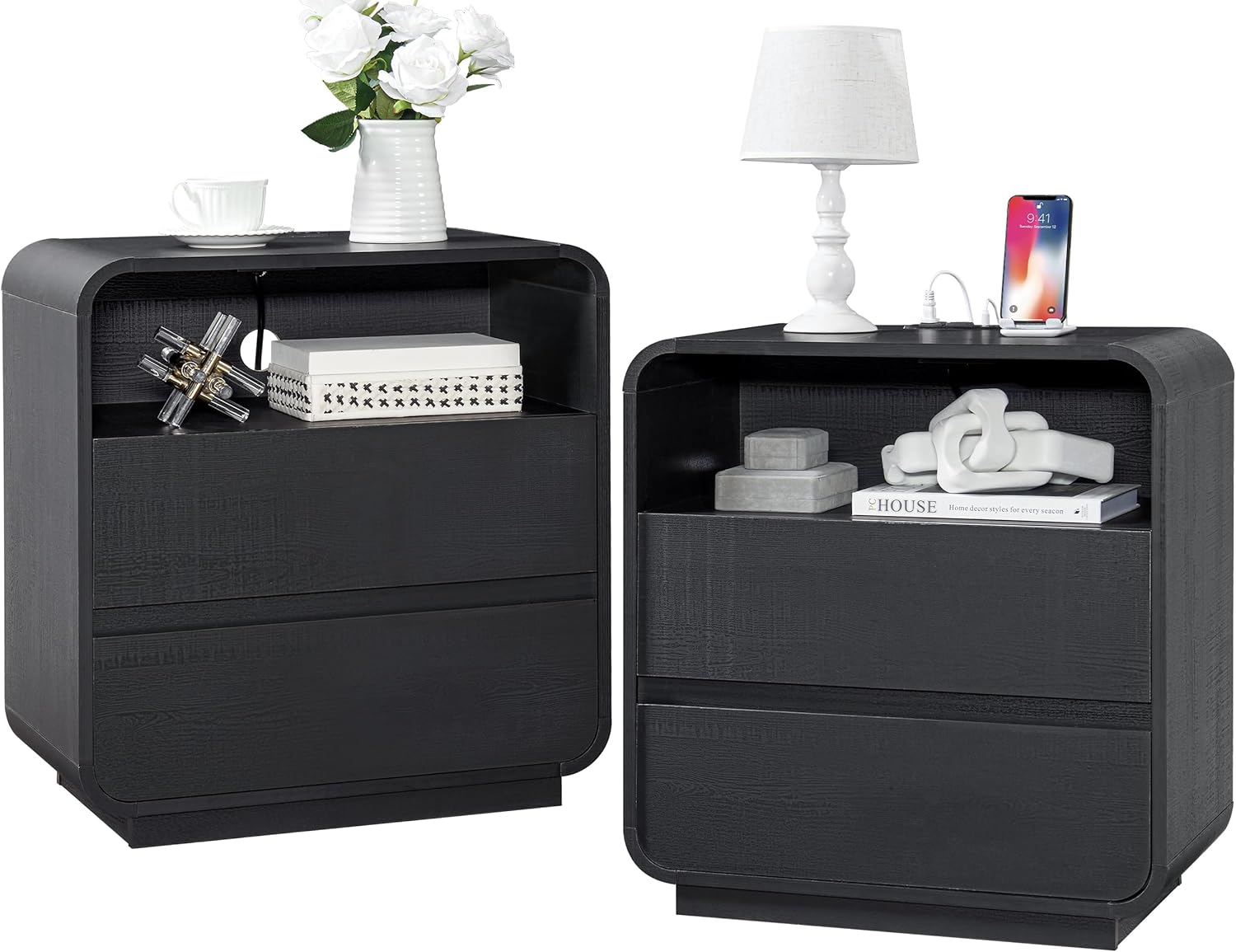 Black Curved Nightstand Set of 2 with Charging Station, 23.2" Wide Wood Bedside Table 2 Storage Drawers, Modern Side Table Handleless, Large End Table Night Stand for Bedroom