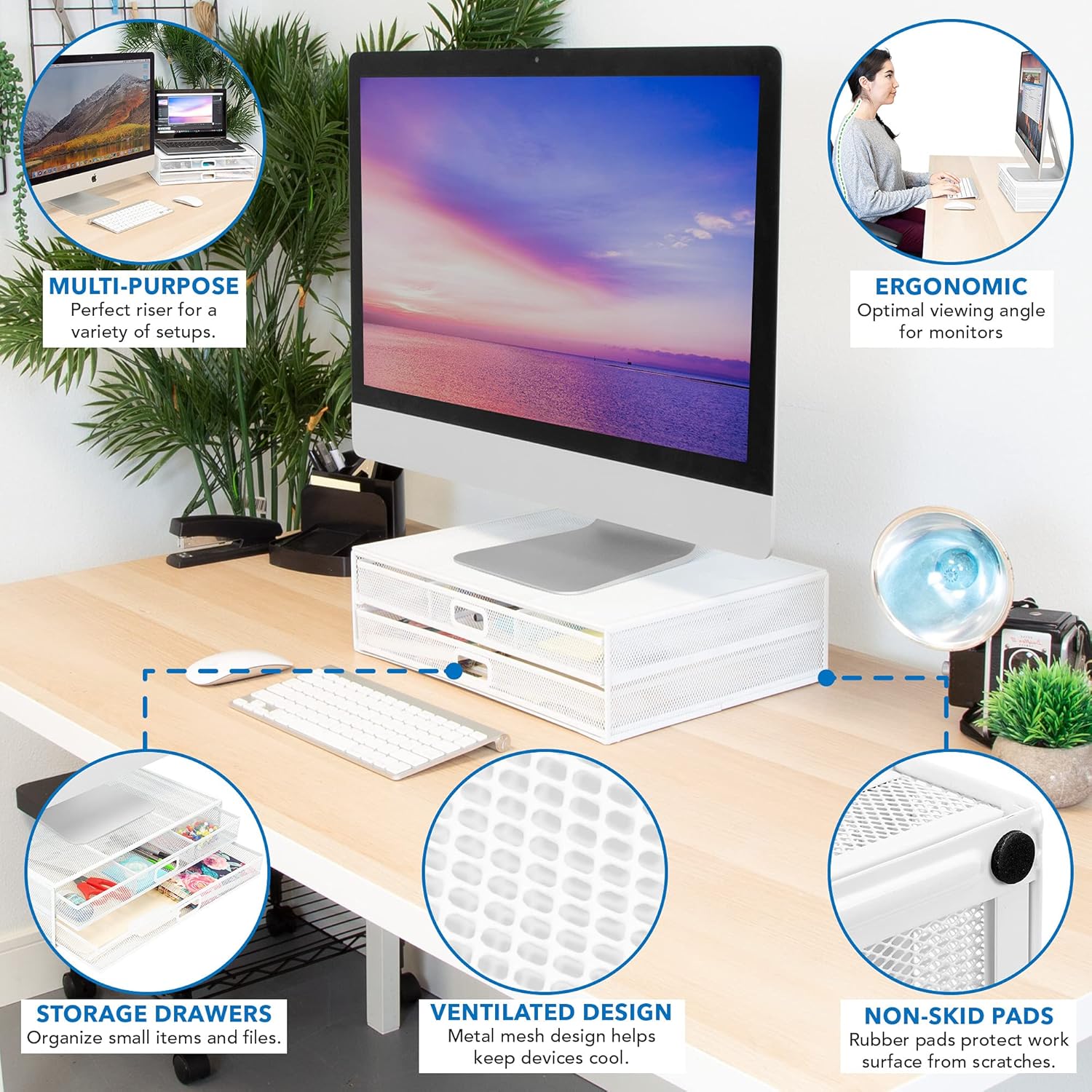 Mount-It! Mesh Computer Monitor Stand Riser [Metal] Desk Organizer with Two Pullout Storage Drawers for Desktop, Laptop, and Printer Accessories and Office Supplies (White)