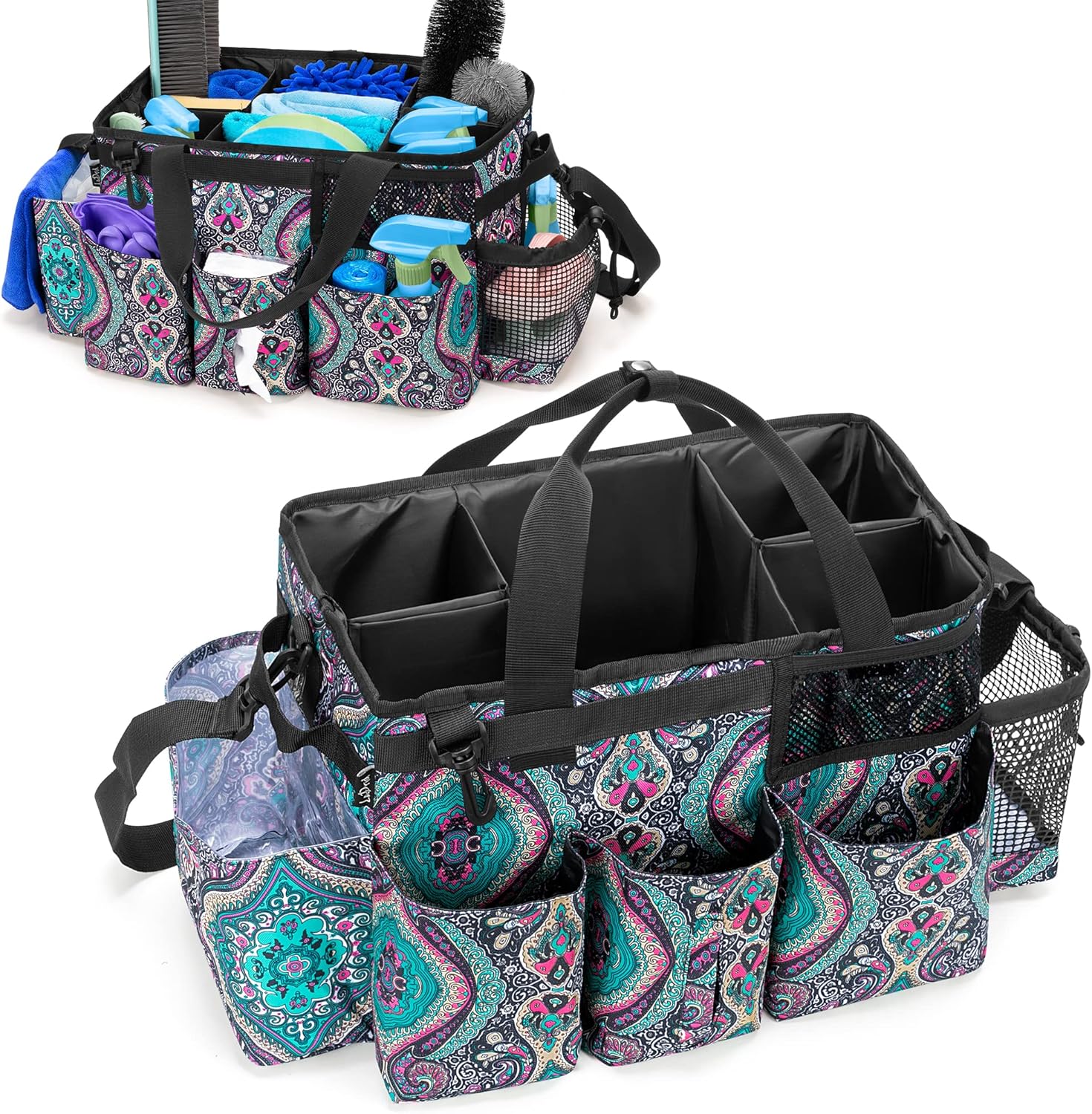 LoDrid Wearable Cleaning Caddy Bag with 4 Foldable Dividers, Cleaning Supply Organizer with Shoulder Strap and Side Handles for Cleaners & Housekeepers, Totem