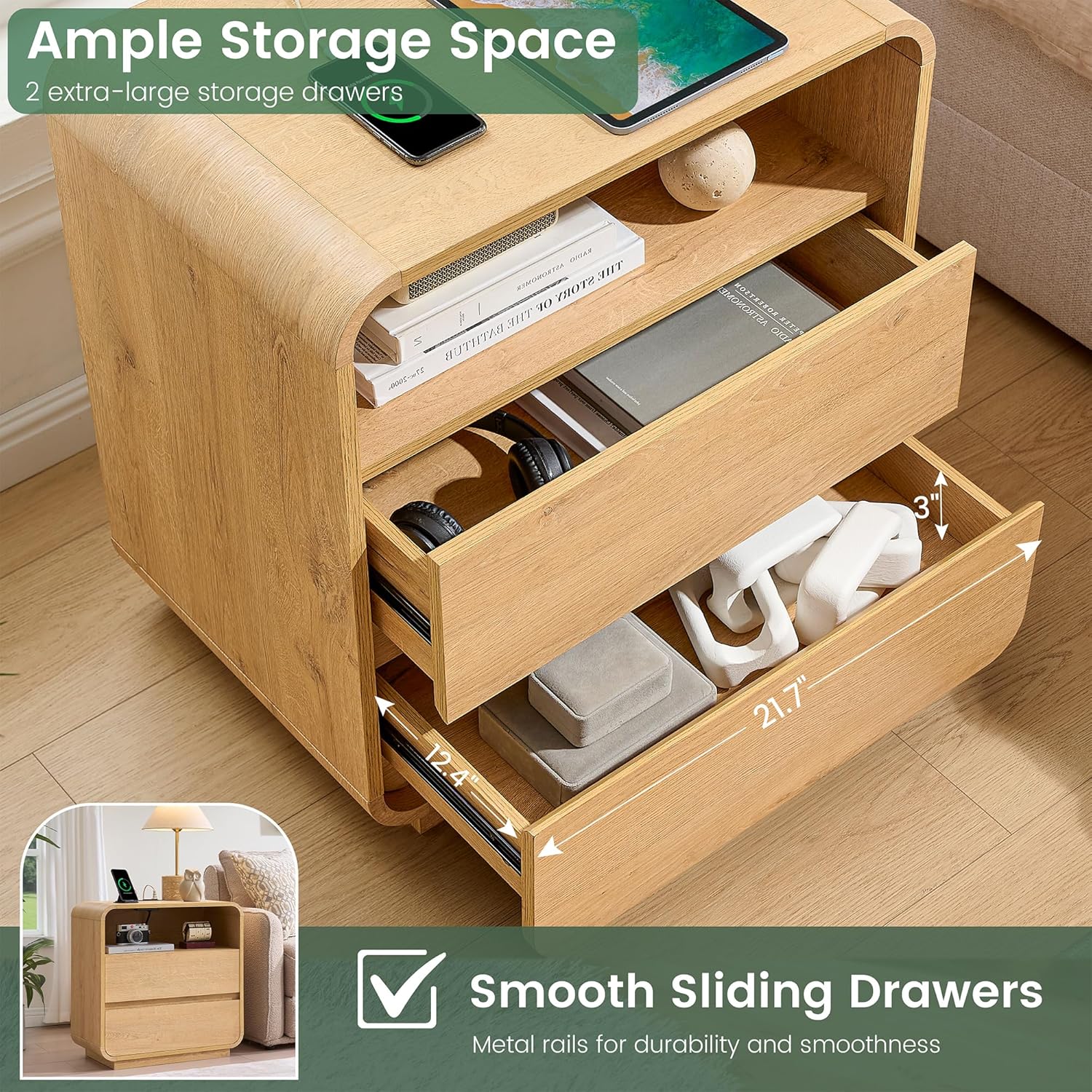 Modern Nightstand Set of 2, 23.2" Large Wood Bedside Table with Charging Station & Curved Profile, 2 Storage Drawers Side Table, Mid-Century End Table Night Stand for Bedroom Sofa Natural