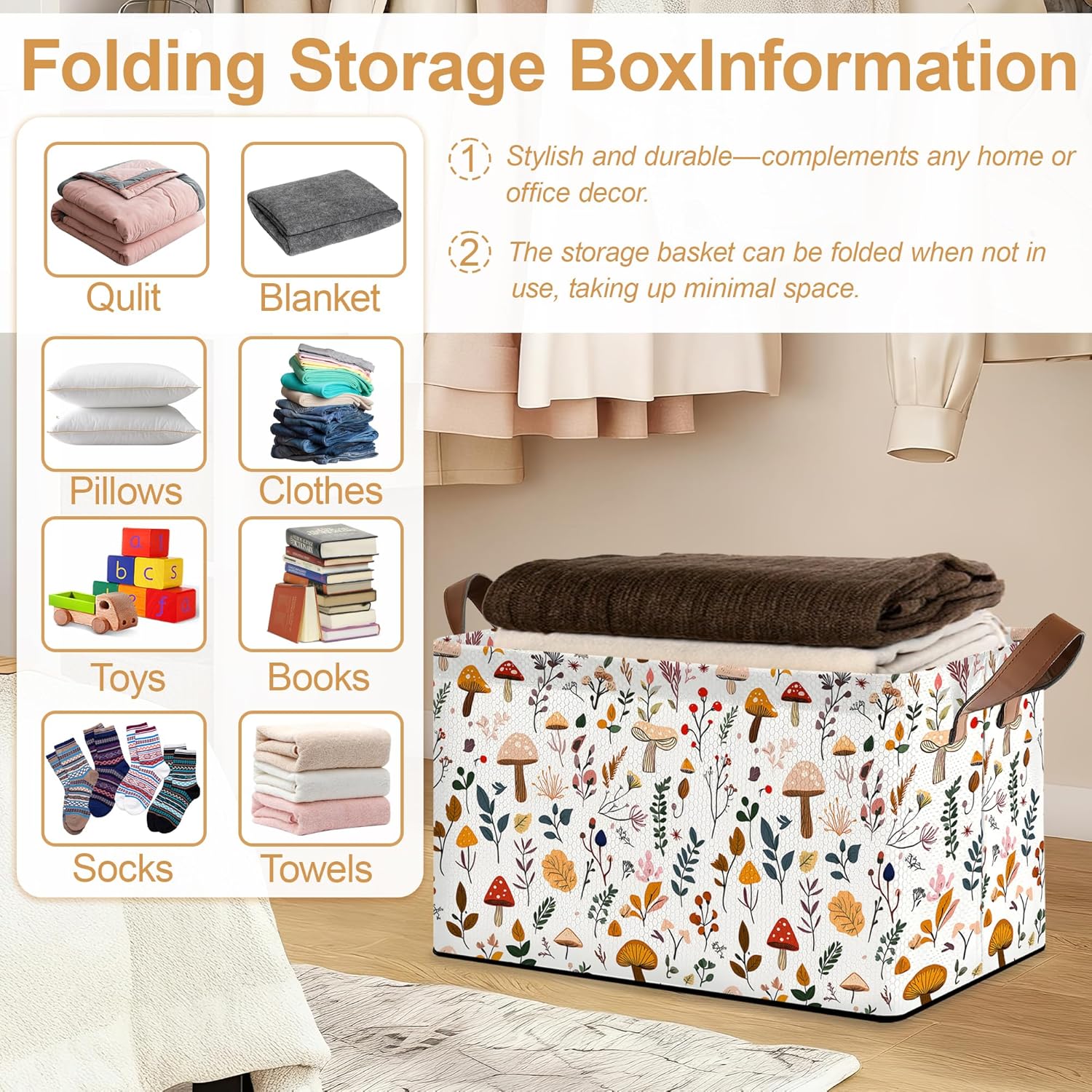 Decorative 32L Mushroom Storage Bins with Handles, Organization and Storage, Cube Storage Organizer for Hamper, Nursery