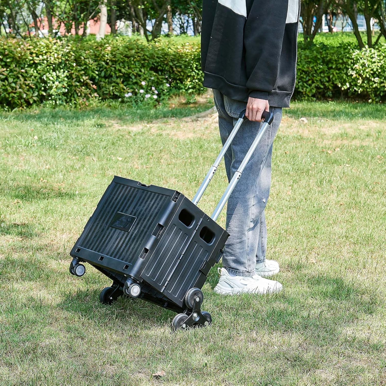 Utility Cart Foldable Shopping Cart Book Storage Cart, with Stair Climbing Wheels and Telescopic Handle, Ideal for Outdoor Home Use and Teacher/Student Book Storage.(Black, Small)