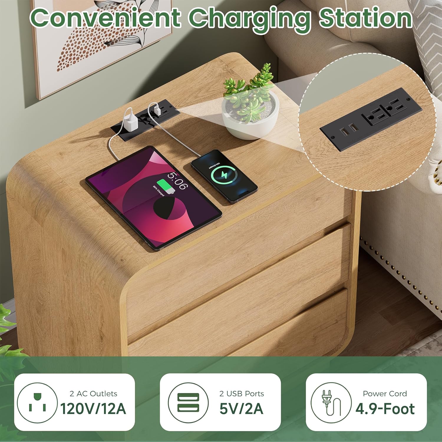 Modern Nightstand, 25" Tall Wood Bedside Table with Charging Station, 3 Drawers Dresser Side Table, Large End Table Night Stand for Bedroom, Office, Sofa, Curved Profile Design, Natural