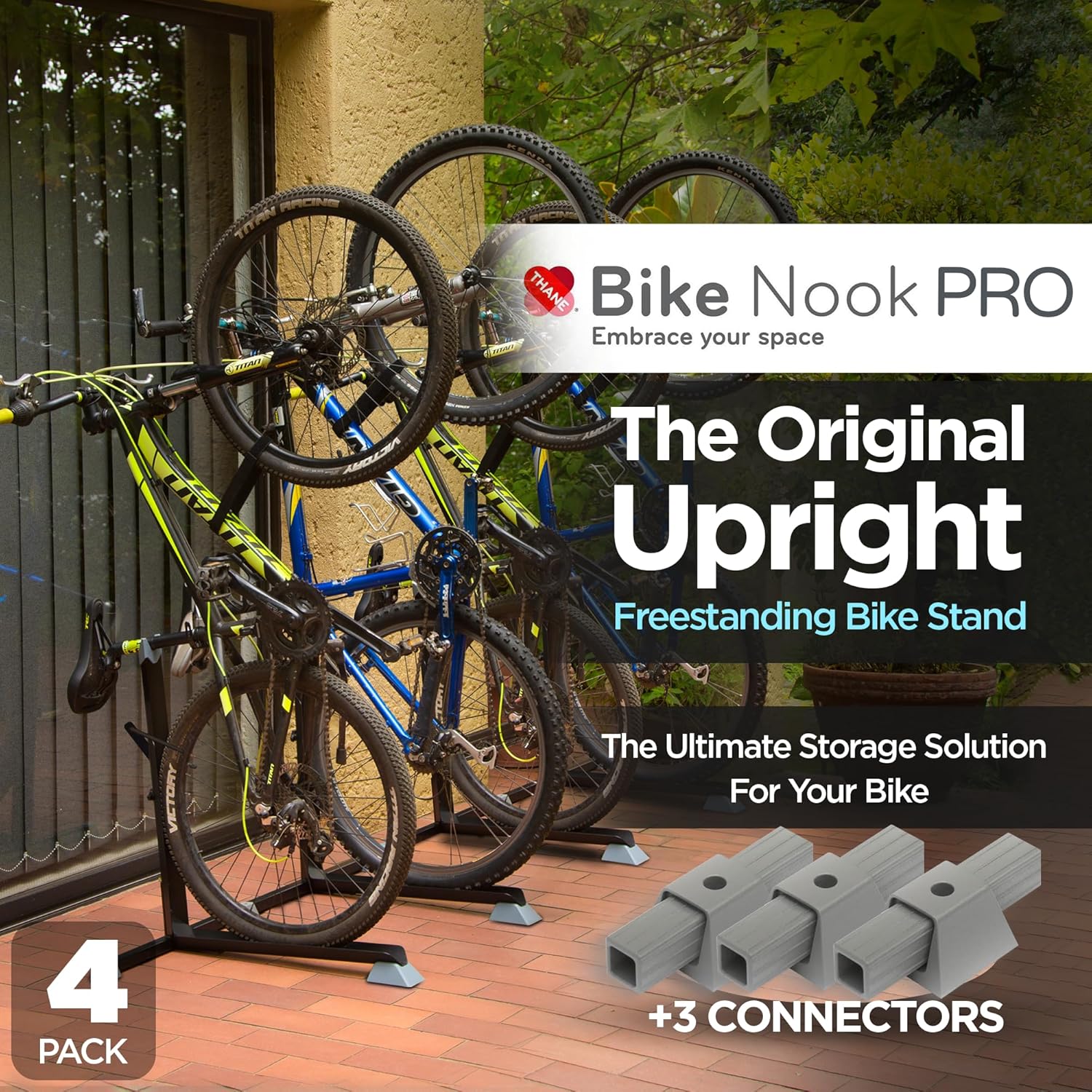 Bike Nook Pro Stand & Vertical Storage Rack - 4 Pack with connectors - The Original Vertical Bicycle Floor Stand for Garage Storage and Indoor and Outdoor use, No Drilling Required
