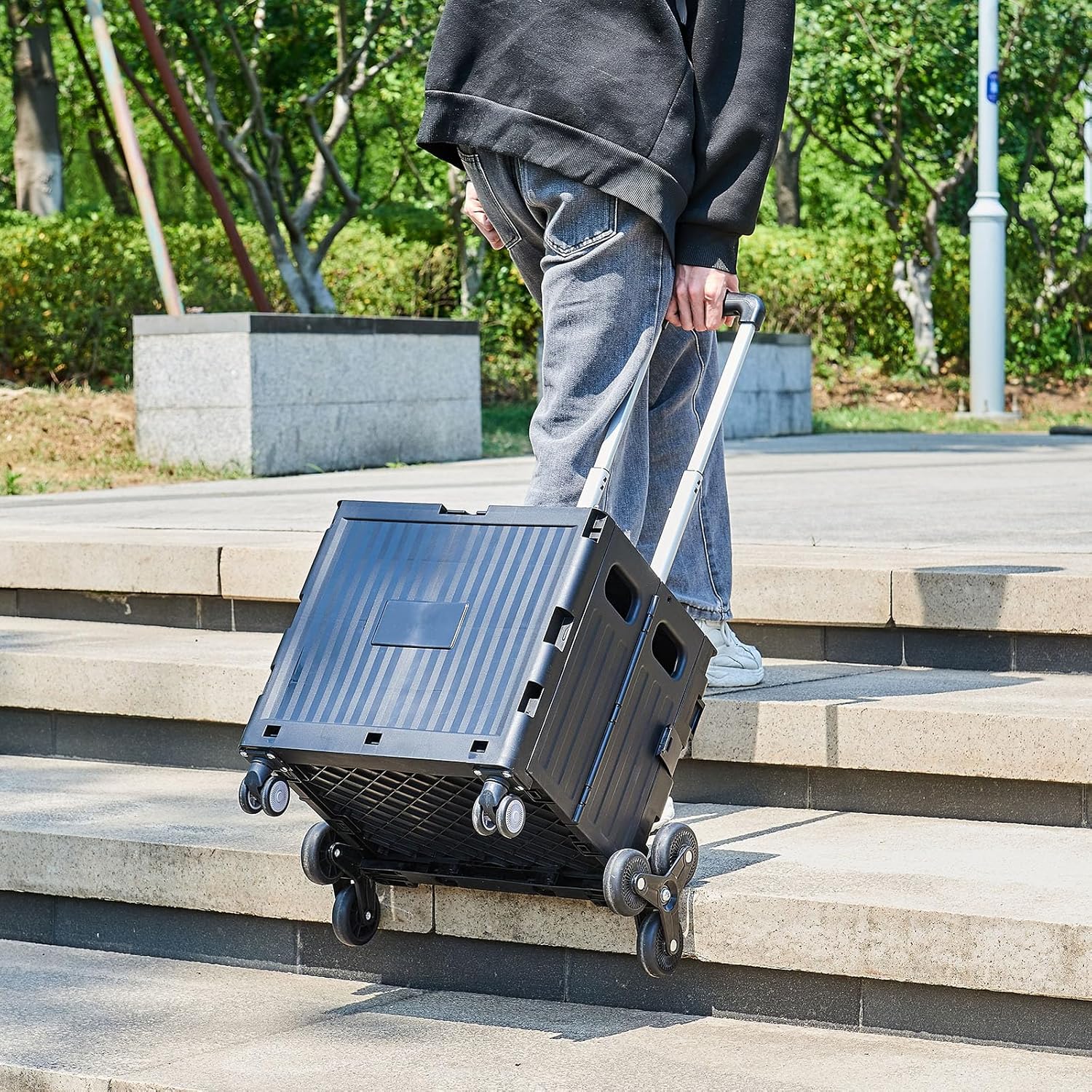 Utility Cart Foldable Shopping Cart Book Storage Cart, with Stair Climbing Wheels and Telescopic Handle, Ideal for Outdoor Home Use and Teacher/Student Book Storage.(Black, Small)