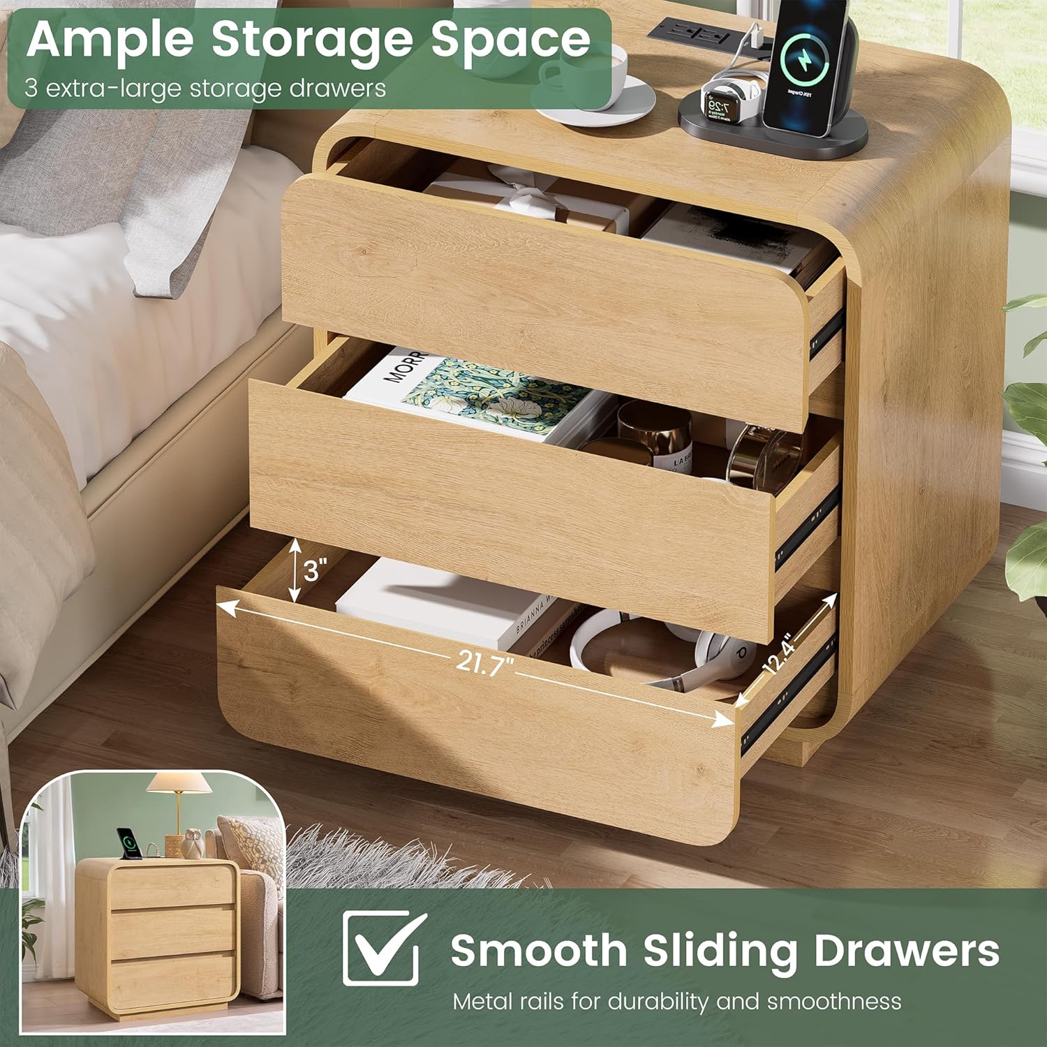 Modern Nightstand, 25" Tall Wood Bedside Table with Charging Station, 3 Drawers Dresser Side Table, Large End Table Night Stand for Bedroom, Office, Sofa, Curved Profile Design, Natural