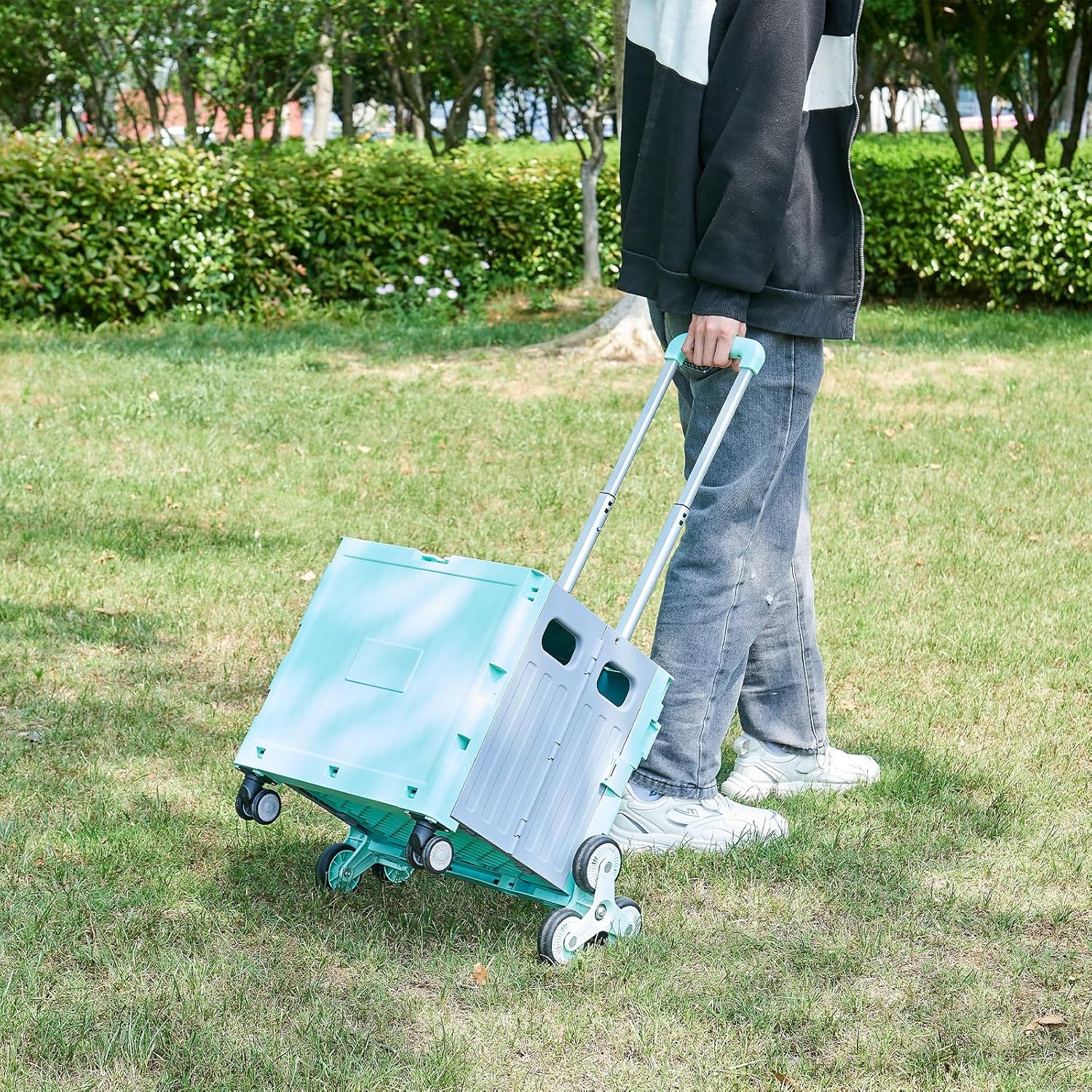 Utility Cart Foldable Shopping Cart Book Storage Cart, with Stair Climbing Wheels and Telescopic Handle, Ideal for Outdoor Home Use and Teacher/Student Book Storage. (Green, Small)